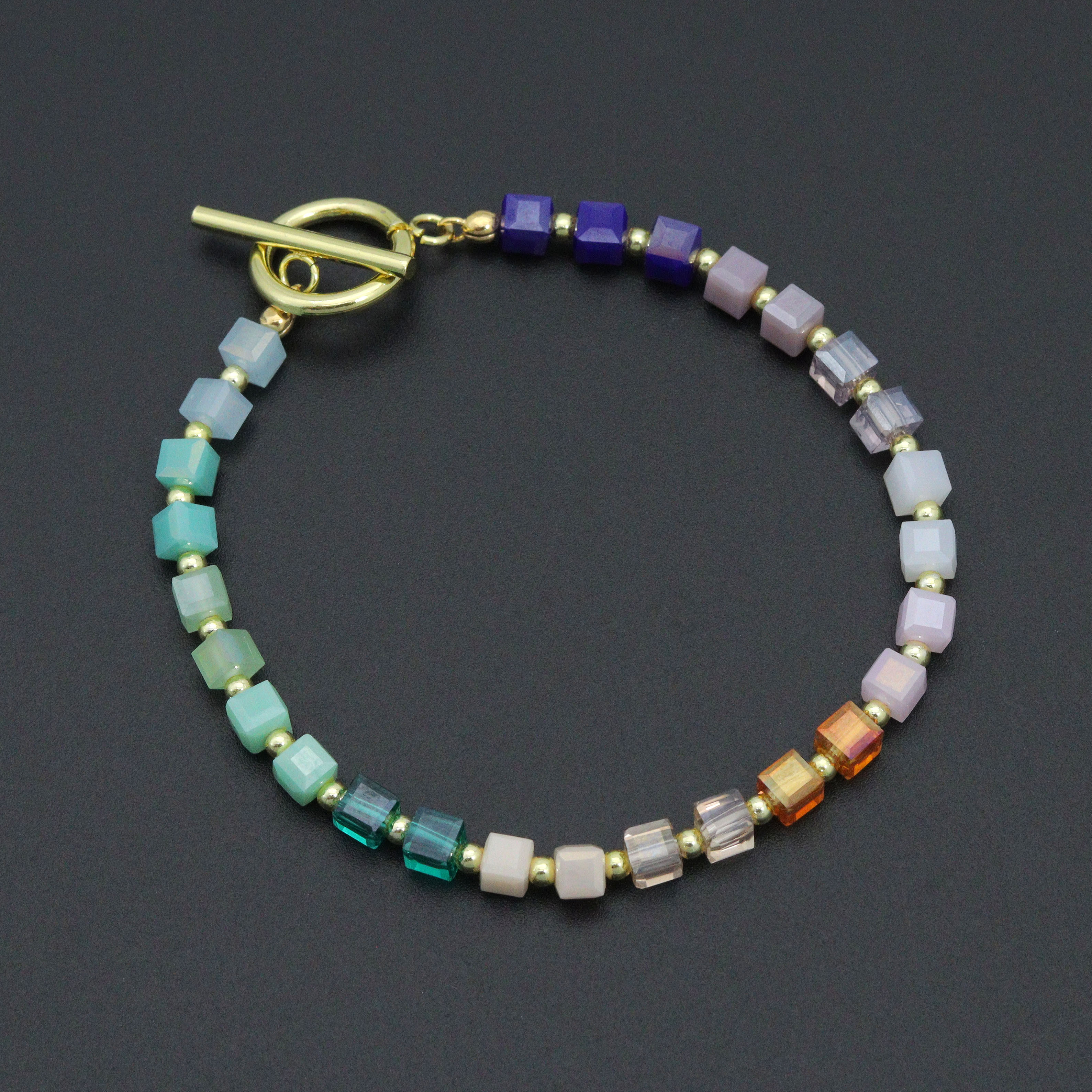 Rainbow Color Cube Stone Stretchy Bracelet with Toggle clasp, EF784