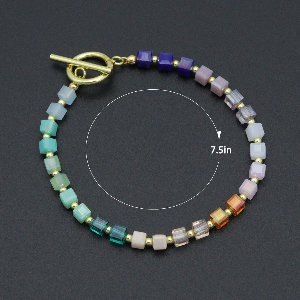 Rainbow Color Cube Stone Stretchy Bracelet with Toggle clasp, EF784