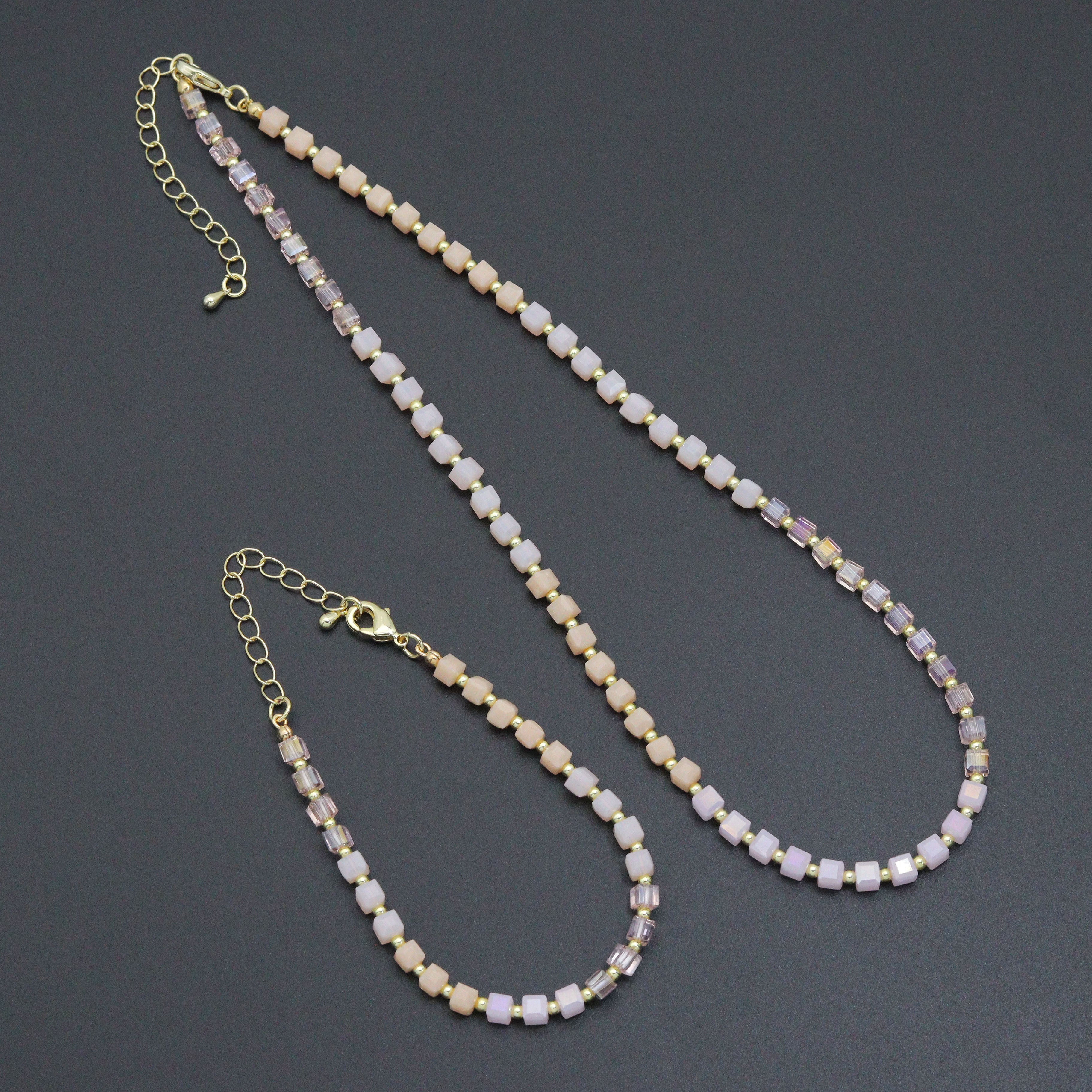 Ombré Pink Champagne color Cube Beads necklace Bracelet, Sku#EF799