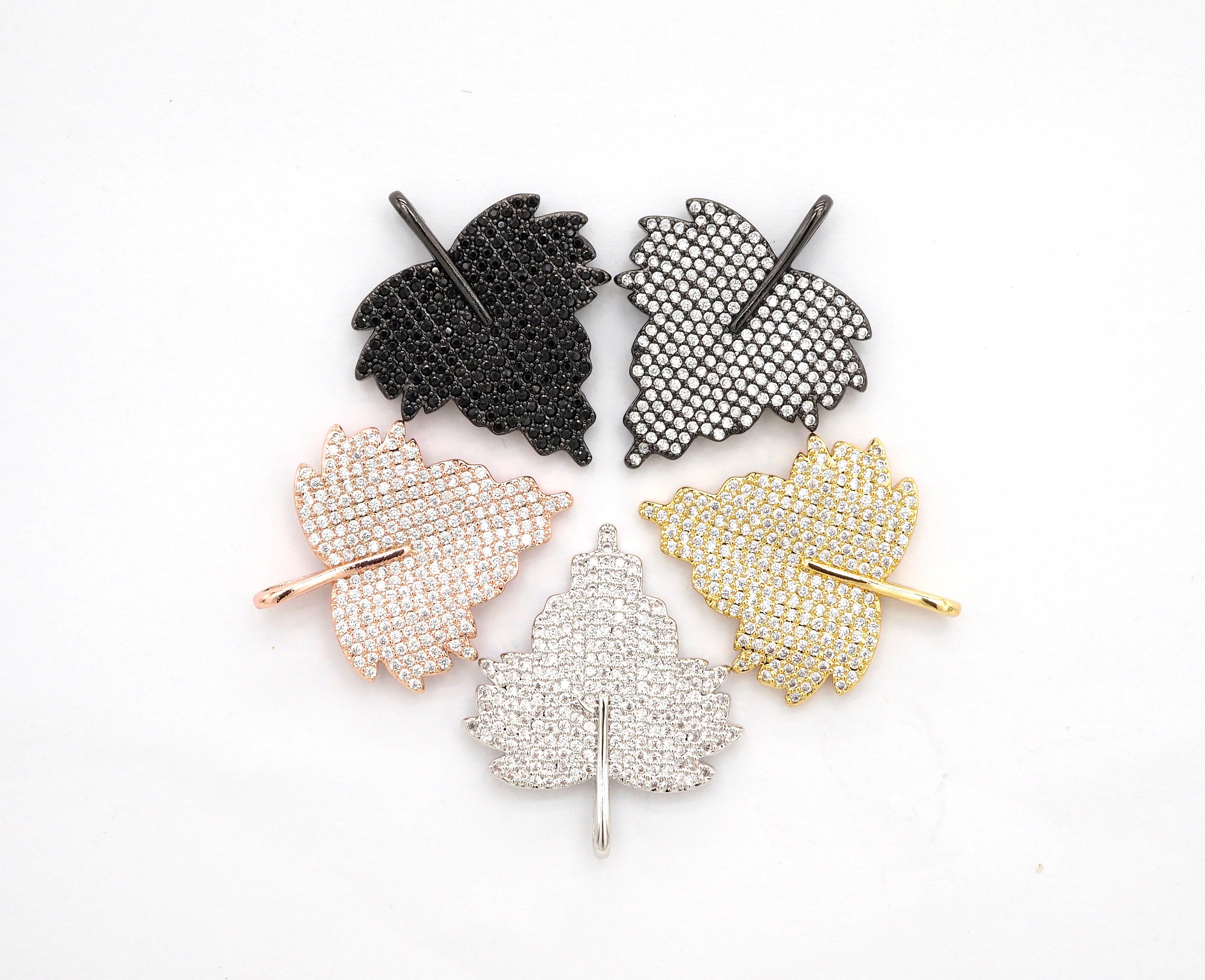 CZ Clear Micro Pave Leaf Charm Pendant, Leaf Shaped Pave Pendant, Gold/Rose Gold/Silver/Gunmetal plated, 31x36mm, Sku#F507