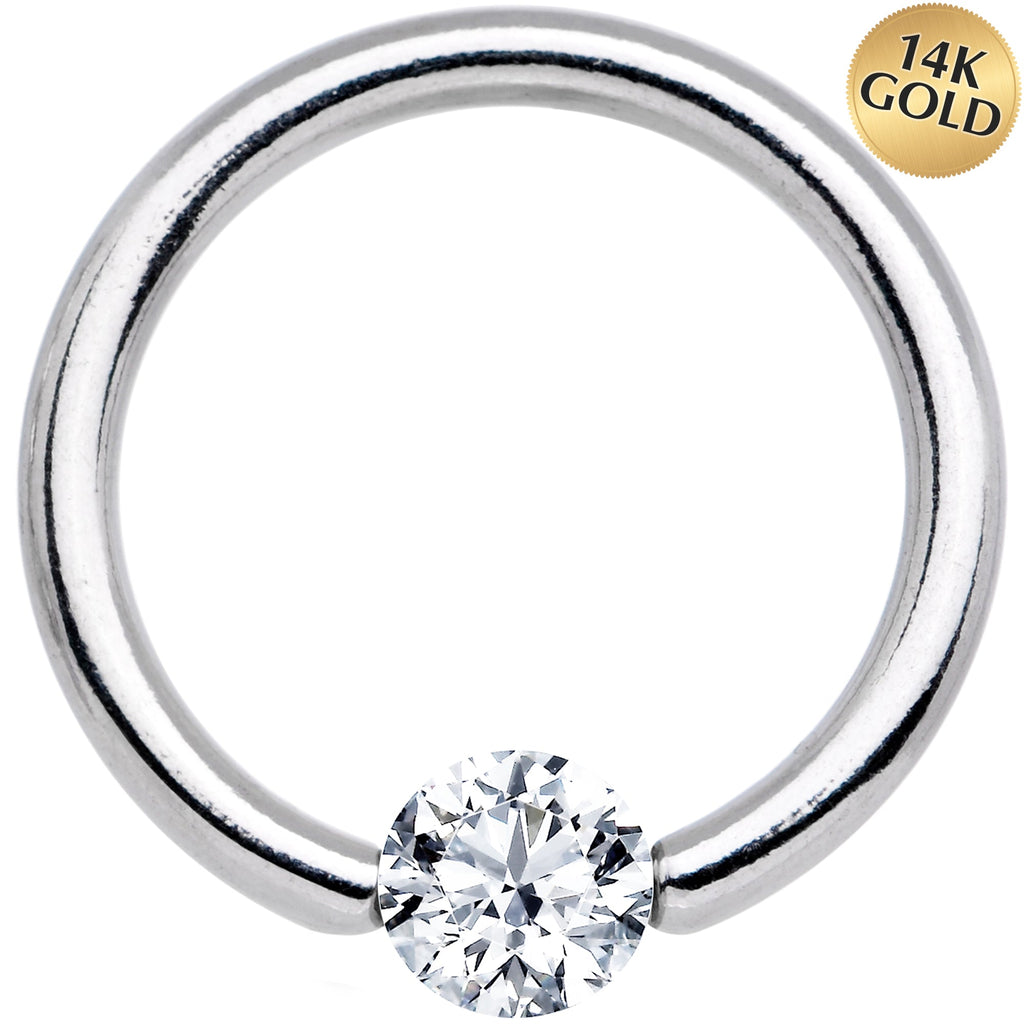 14G 7/16 Solid 14k White Gold 4mm Clear Cubic Zirconia Tension Captive Ring