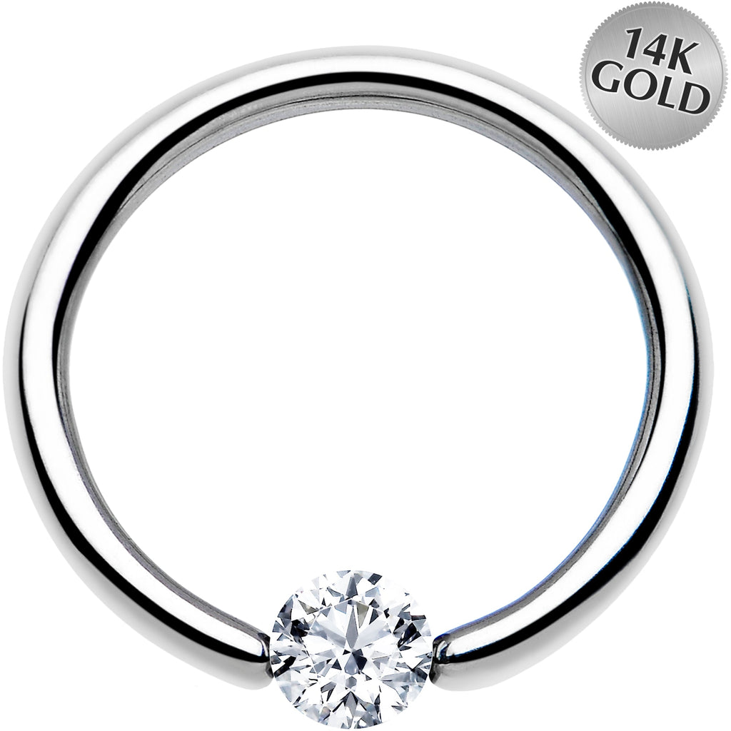 16G 3/8 Solid 14k White Gold 3mm Clear Cubic Zirconia Tension Captive Ring