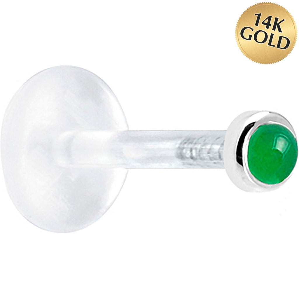 16G 1/4 Solid 14K White Gold 2mm Genuine Jade Bioplast Tragus Earring Stud