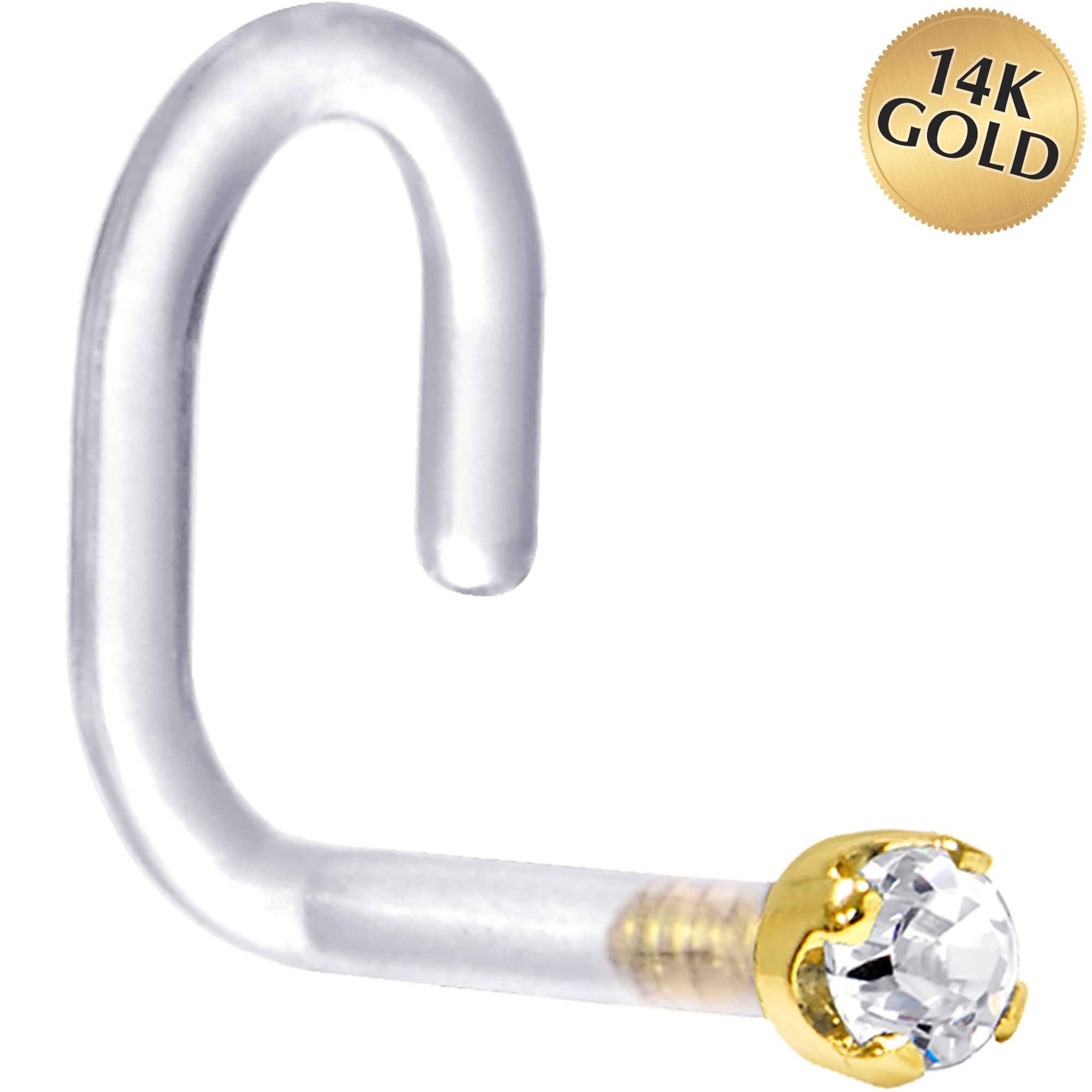 18G 1/4 Yellow Gold 1.5mm Clear Cubic Zirconia Bioplast Nose Ring