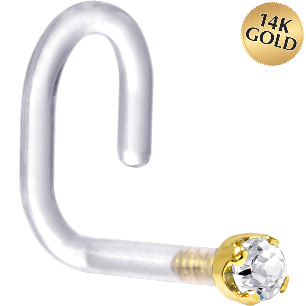 18G 1/4 Yellow Gold 1.5mm Genuine Diamond Bioplast Nose Ring