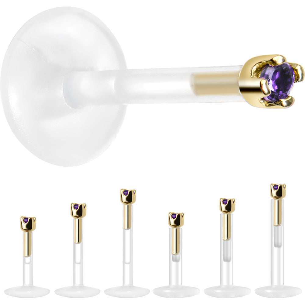 Solid 14K Yellow Gold February 1.5mm CZ Bioplast Push in Labret Monroe