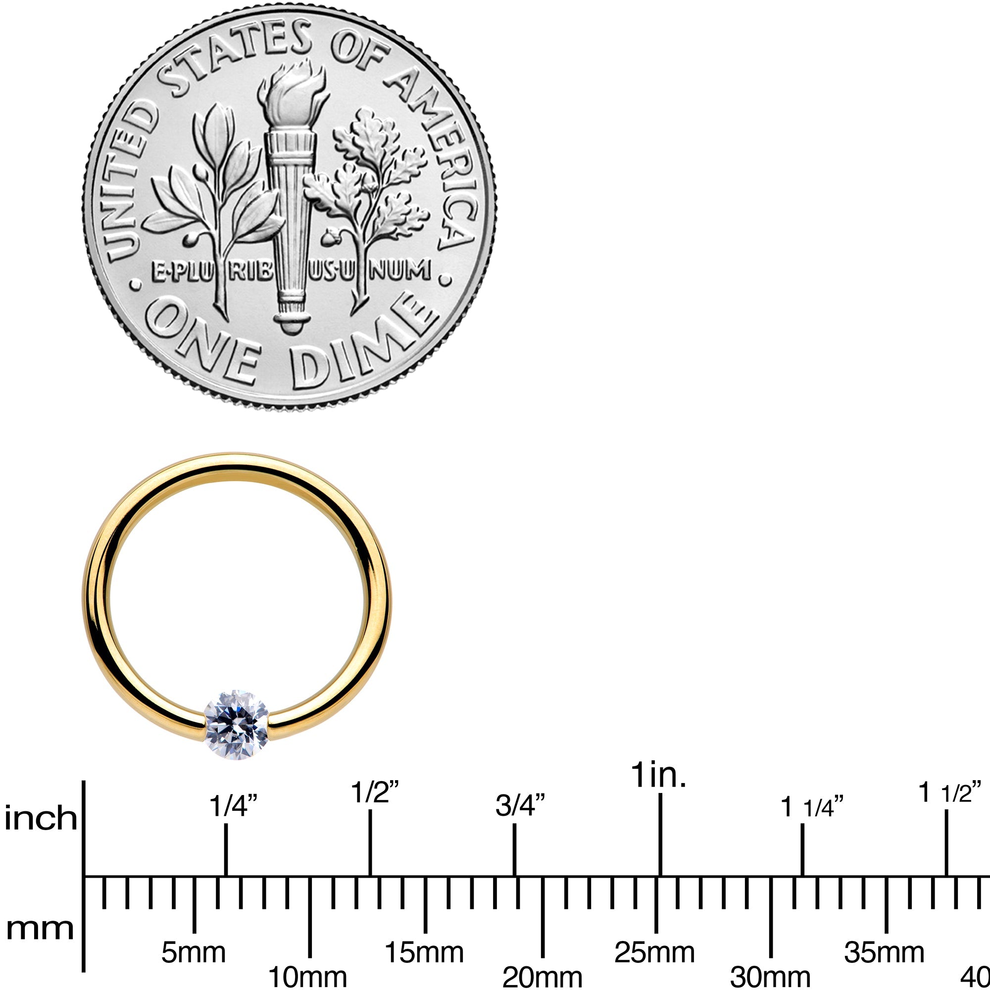 16G 3/8 Solid 14k Yellow Gold 3mm Clear Cubic Zirconia Tension Captive Ring