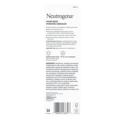 Neutrogena Hydro Boost Hydrating Concealer Stick; Hyaluronic Acid 10 Fair 0.12oz - New