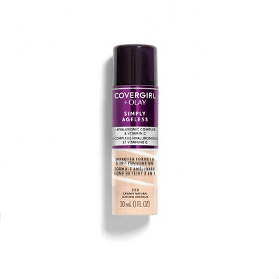 COVERGIRL + Olay Simply Ageless 3-in-1 Liquid Foundation with Hyaluronic Complex + Vitamin C 220 Creamy Natural 1 fl oz - Imperfect Container