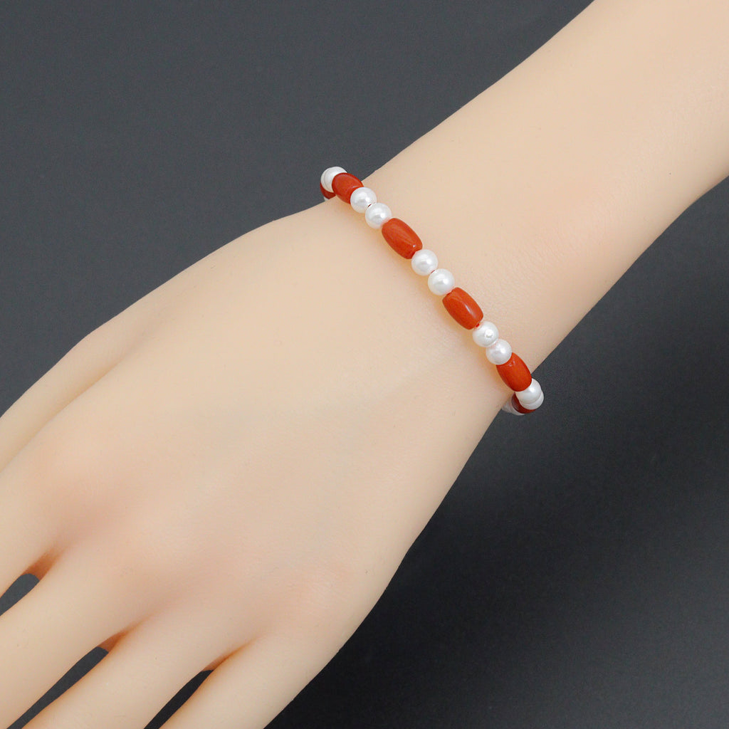 Coral and Mother of Pearl Stretchy Bracelet, Sku#EF751