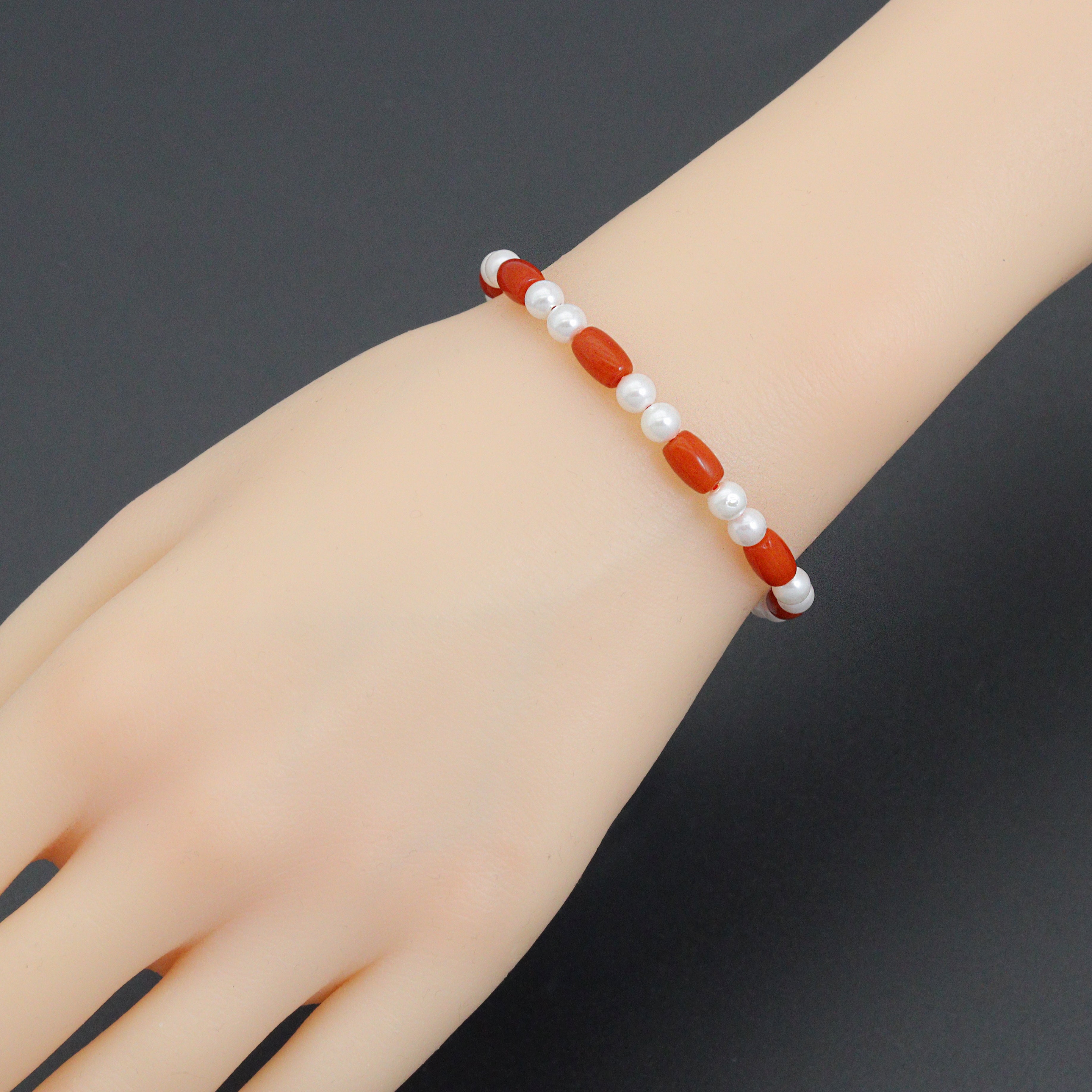 Coral and Mother of Pearl Stretchy Bracelet, Sku#EF751