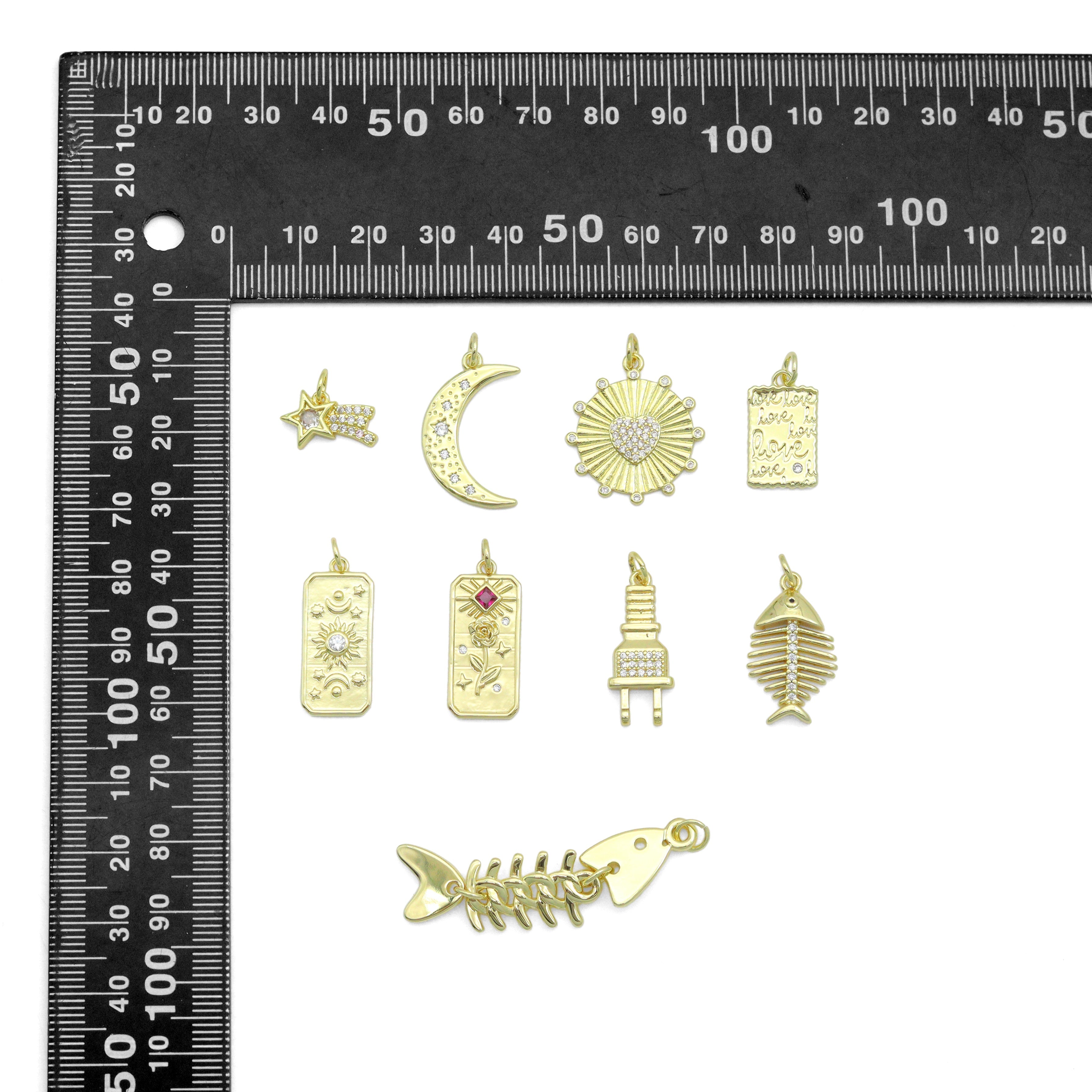 Clear CZ Gold Star Cresent Moon love plug fishbone rectangle Pendant, Sku#Y1051