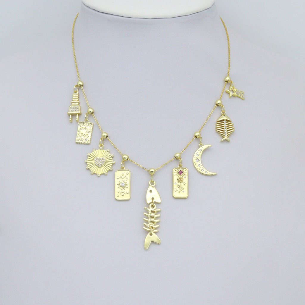 Clear CZ Gold Star Cresent Moon love plug fishbone rectangle Pendant, Sku#Y1051