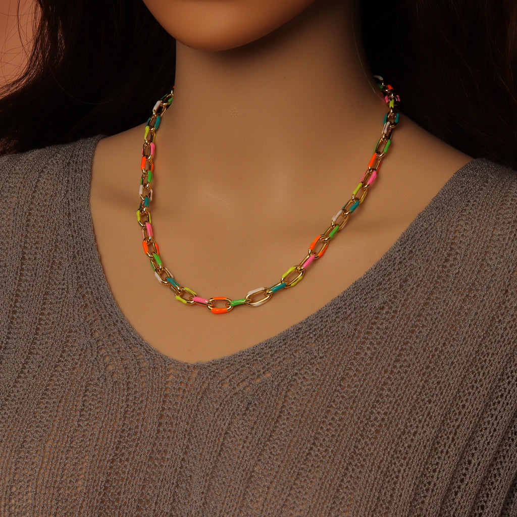 Gold /Silver Colorful Enamel Rectangle Link Chain Necklace, sku#EF778