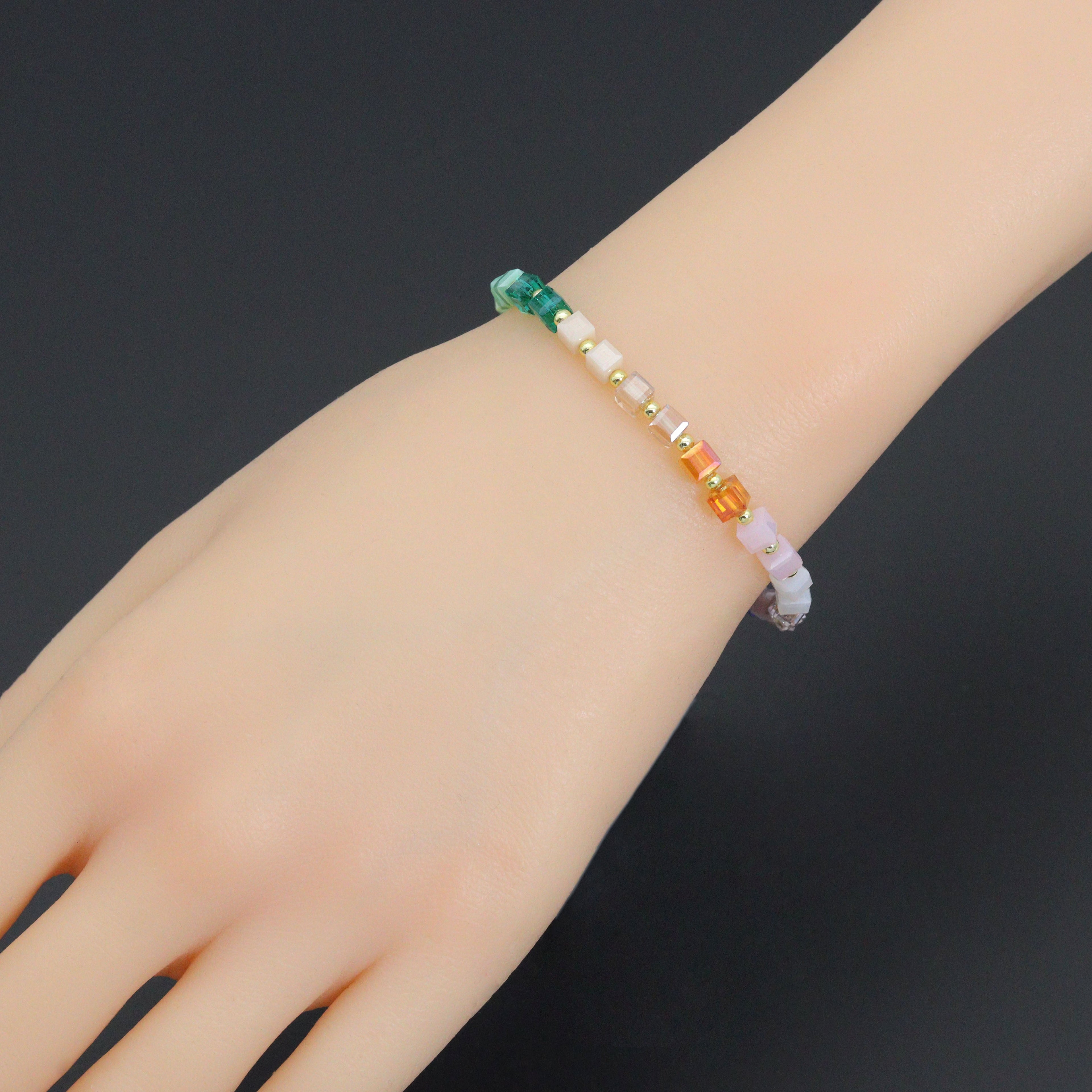Rainbow Color Cube Stone Stretchy Bracelet with Toggle clasp, EF784