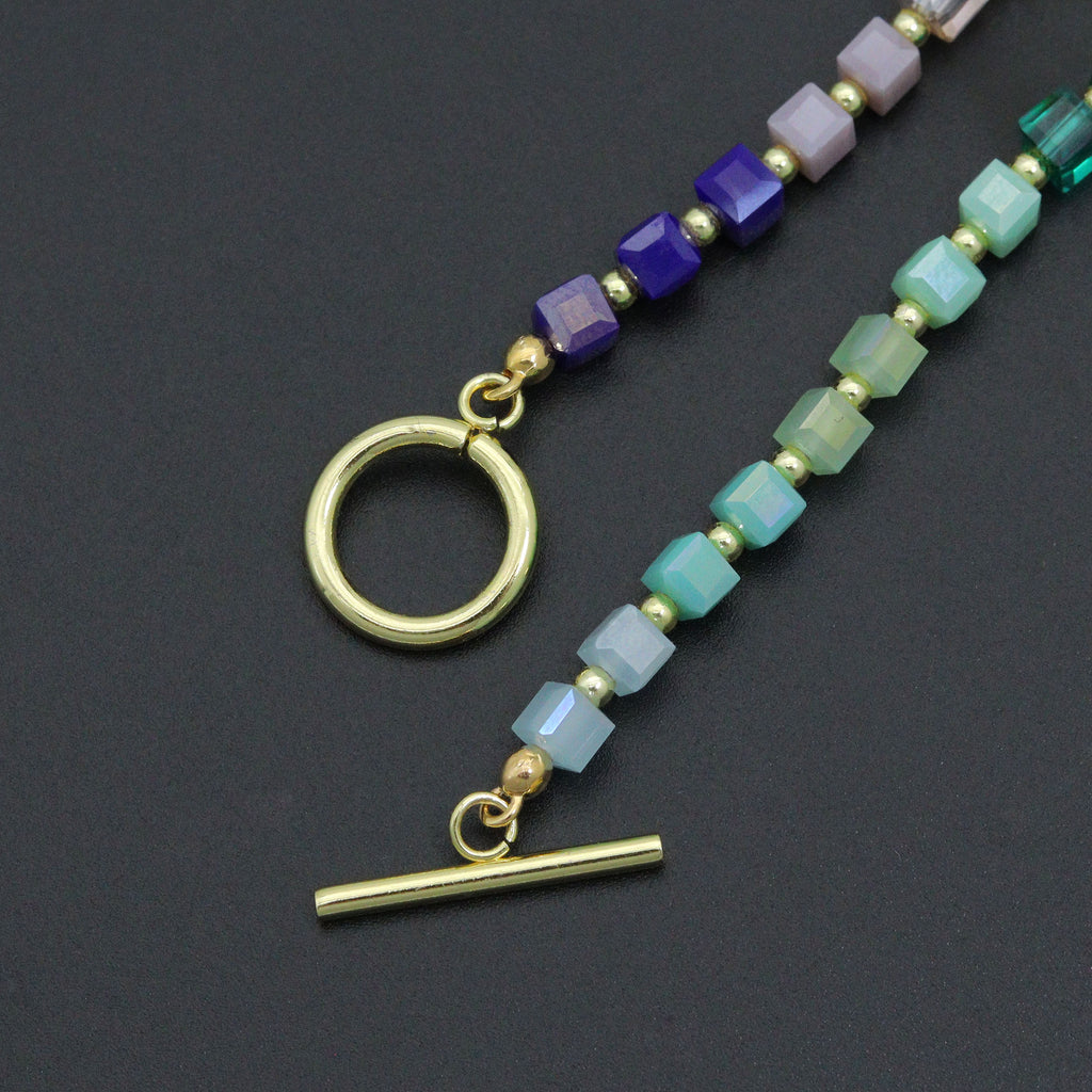 Rainbow Color Cube Stone Stretchy Bracelet with Toggle clasp, EF784