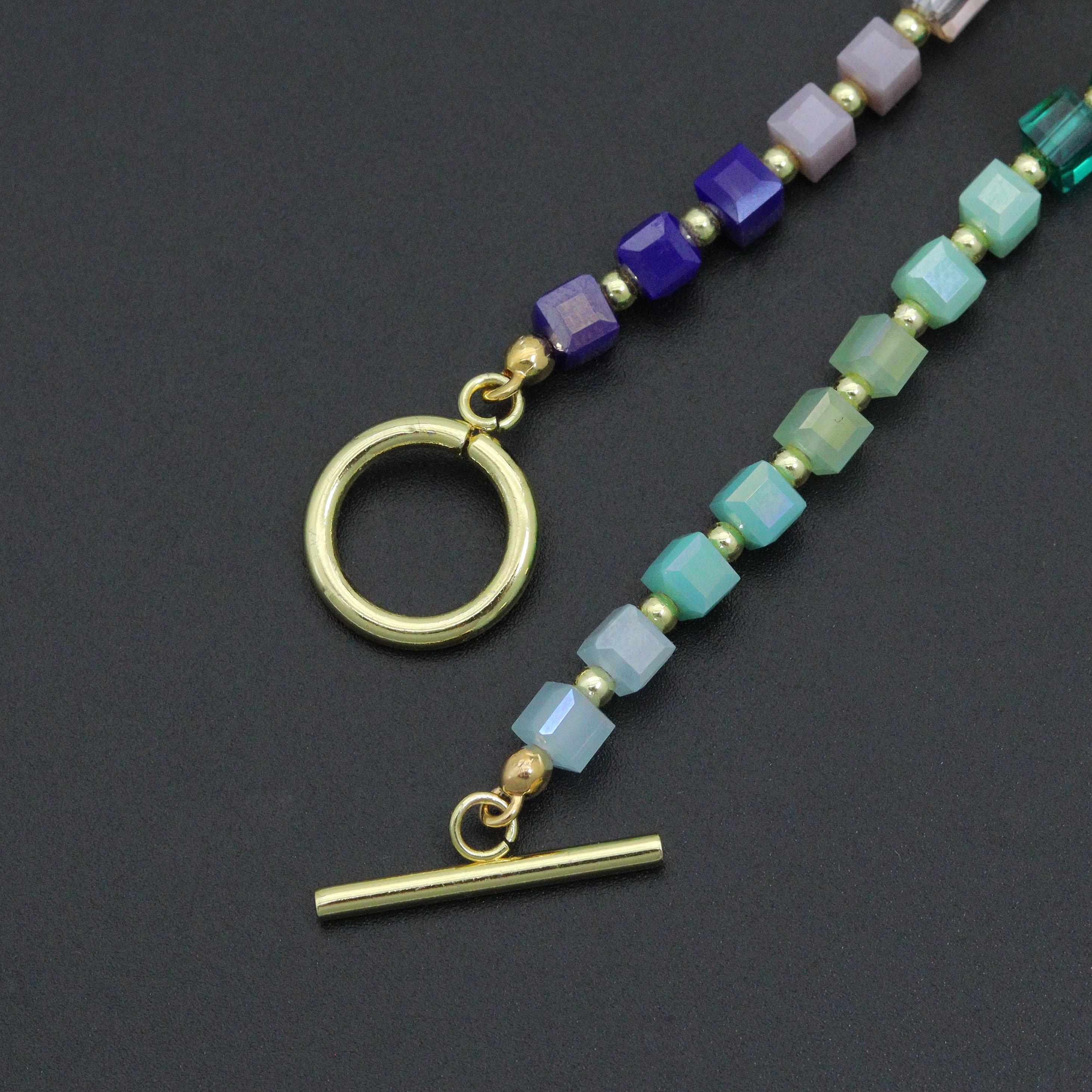 Rainbow Color Cube Stone Stretchy Bracelet with Toggle clasp, EF784