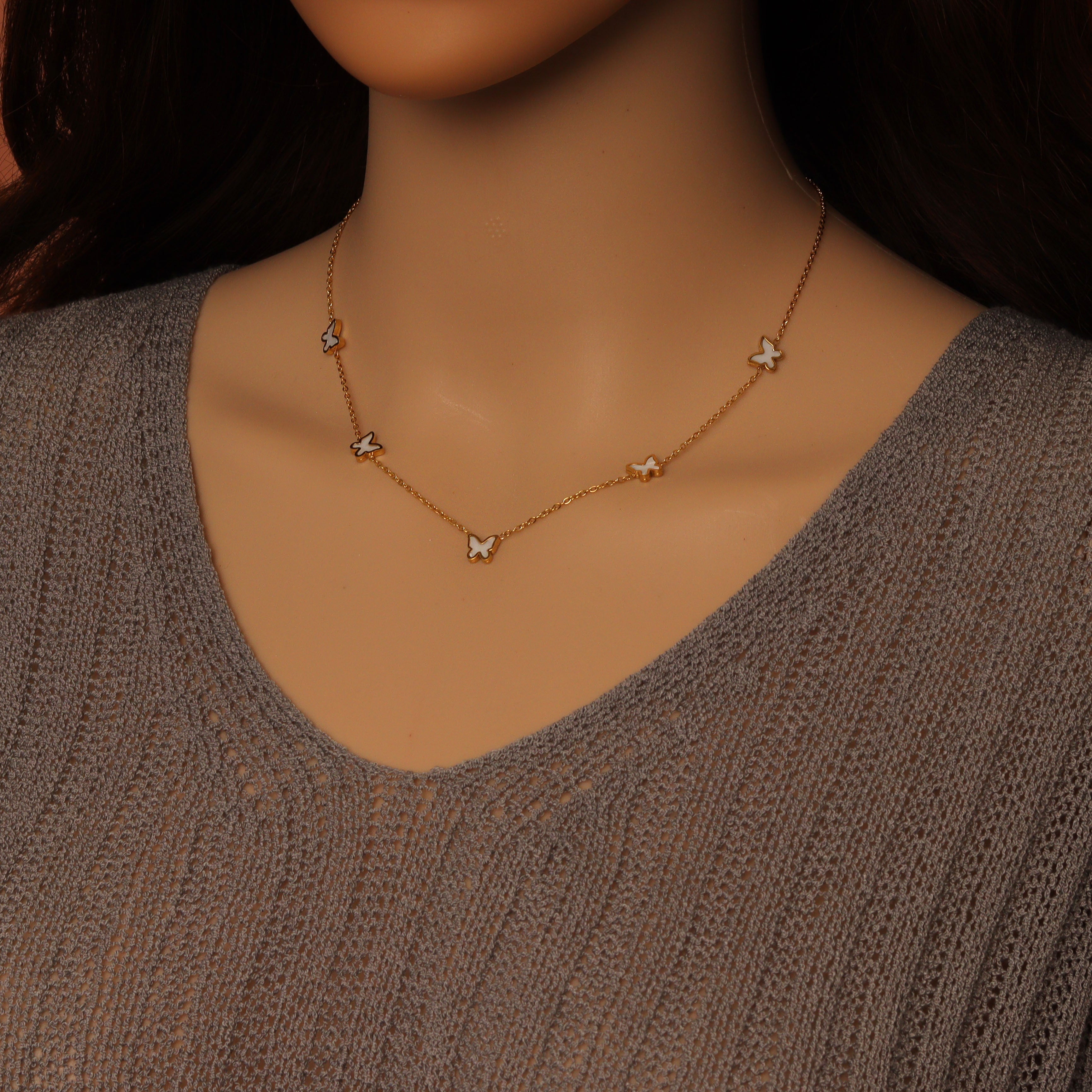 Mother of Pearl Butterfly Dainty Necklace Earring set, Sku#BXG15