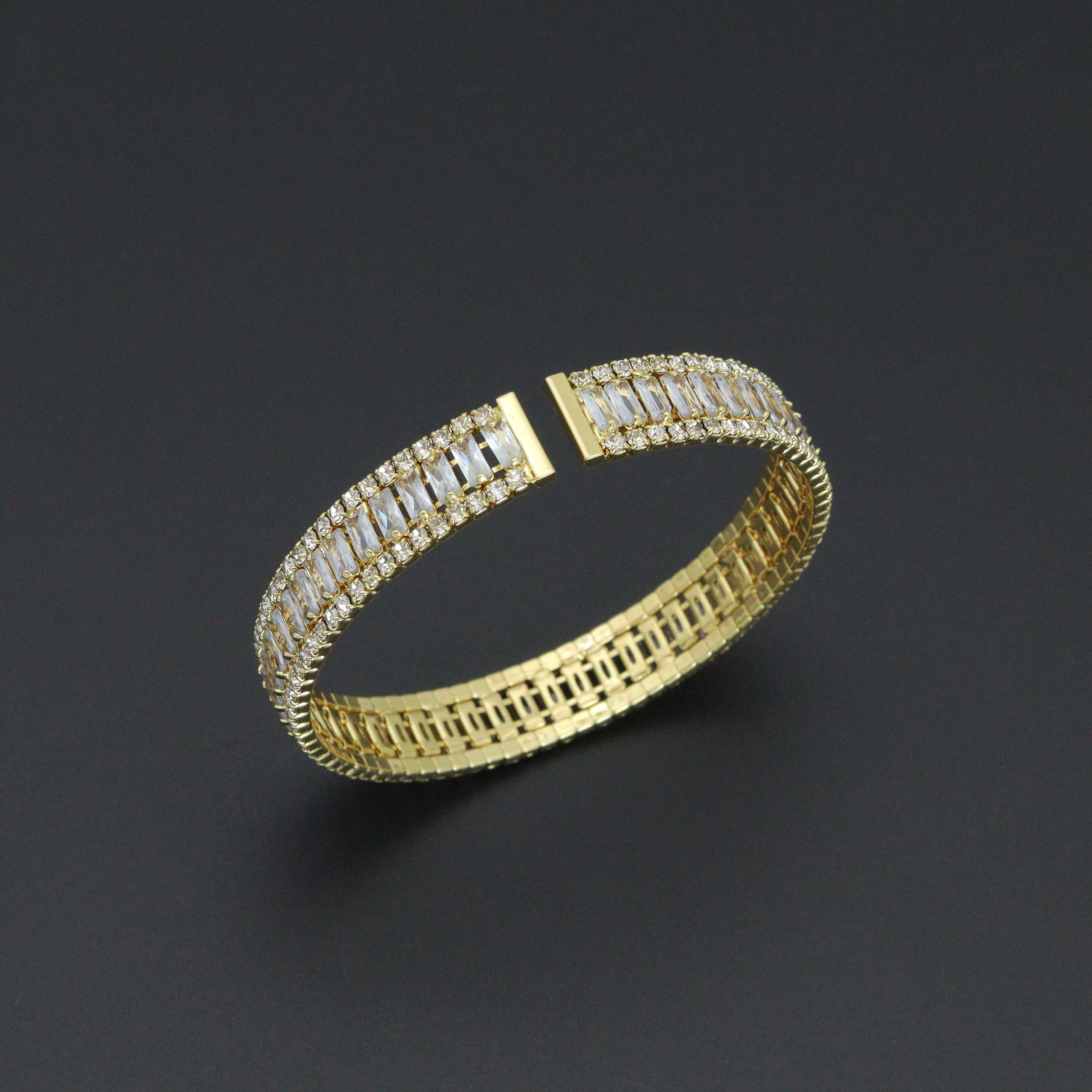 Gold Silver Clear Baguette CZ Stretchy Bracelet, Sku#A504