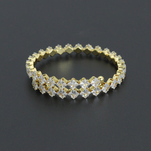 Gold Silver Clear Rhombus Diamond Shape CZ Stretchy Bracelet, Sku#A506