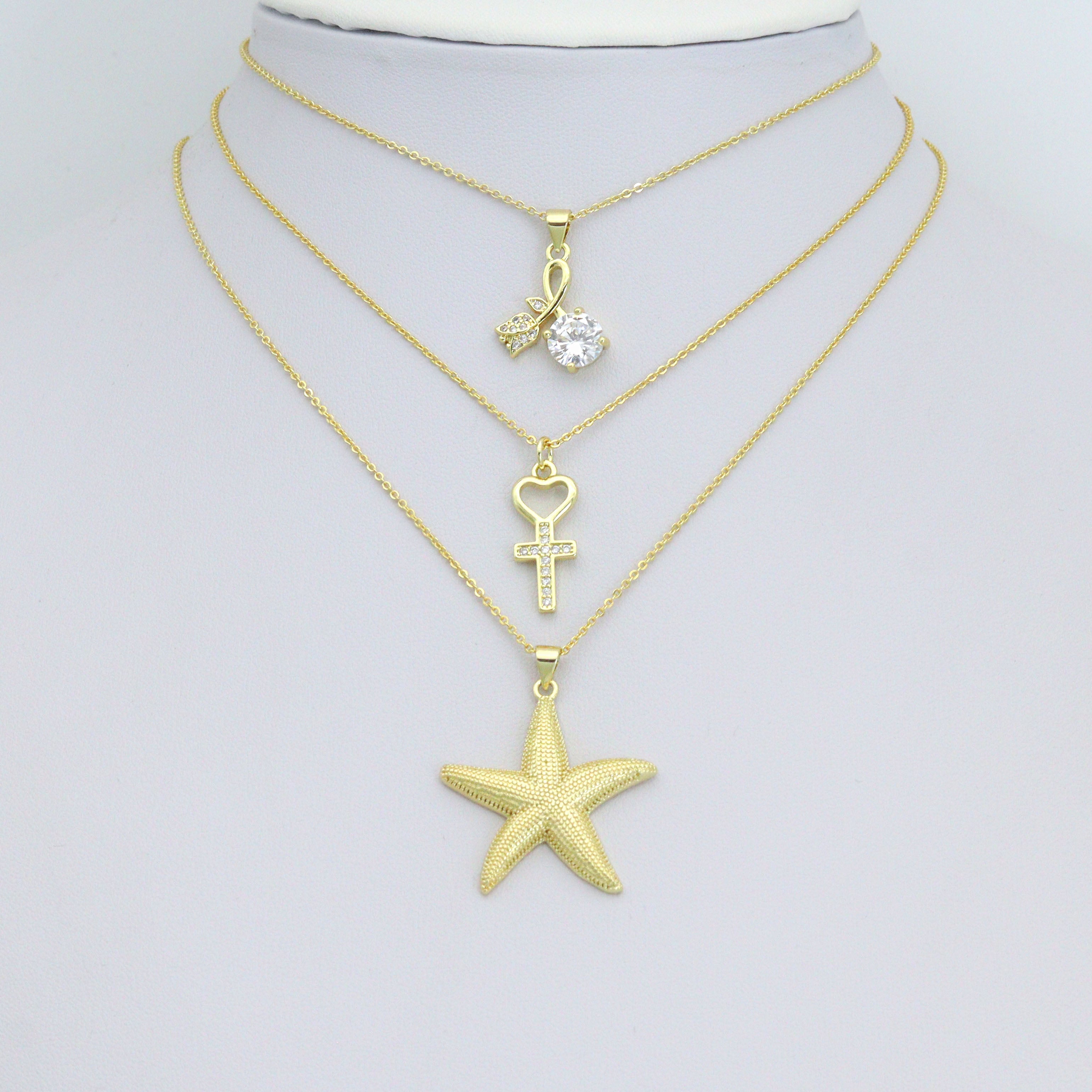 Gold Clear CZ Cross Heart Starfish Flower Big CZ Pendant charm, Sku#LK1273