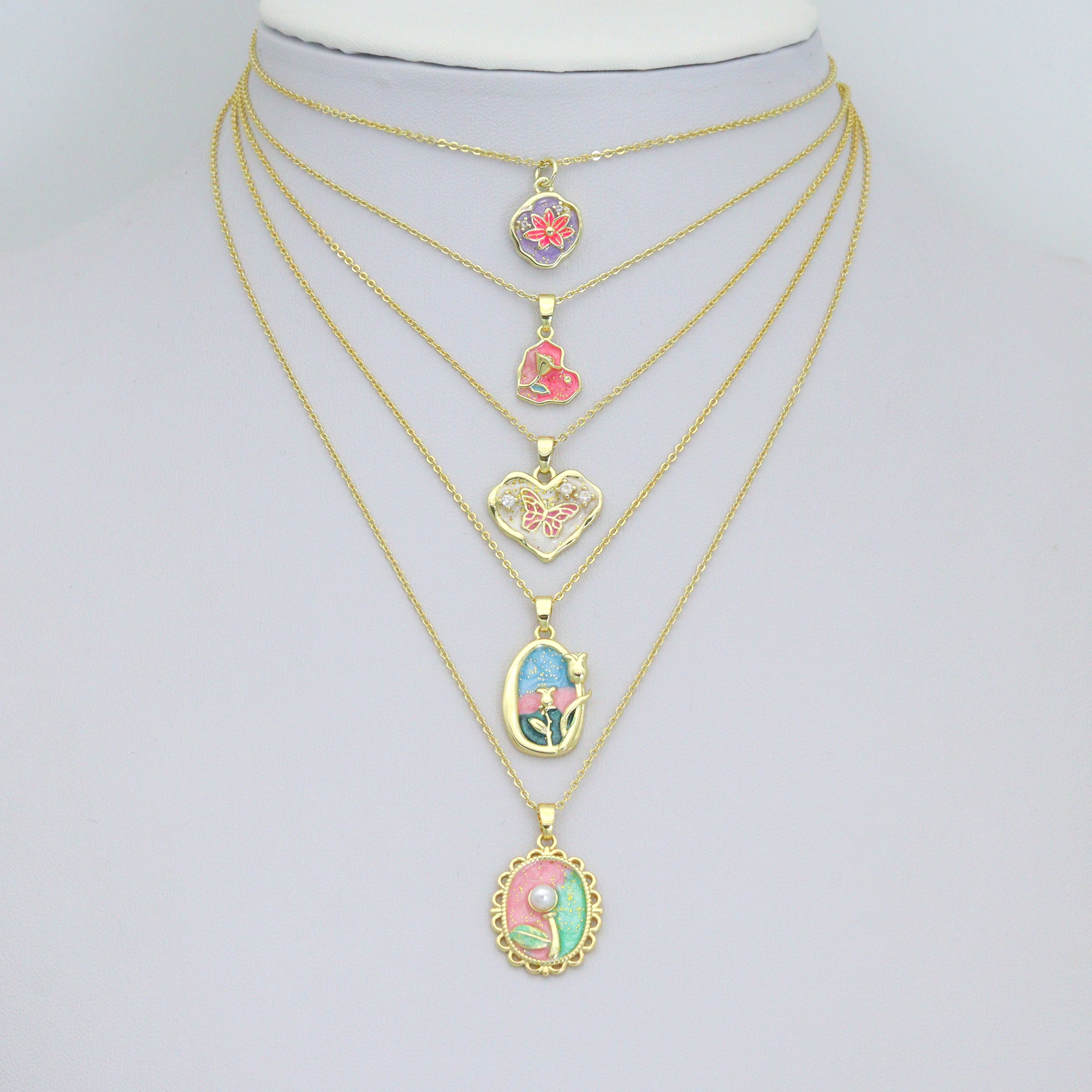 Gold Colorful Enamel Flower Butterfly Heart Oval Pendant charm, Sku#Z1484