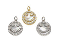 Mother-of-pearl Inlay Smiley Face Round Pendant/Charm, Cubic Zirconia Pendant Charm, MOP Charm, 18x16mm,Sku#L368