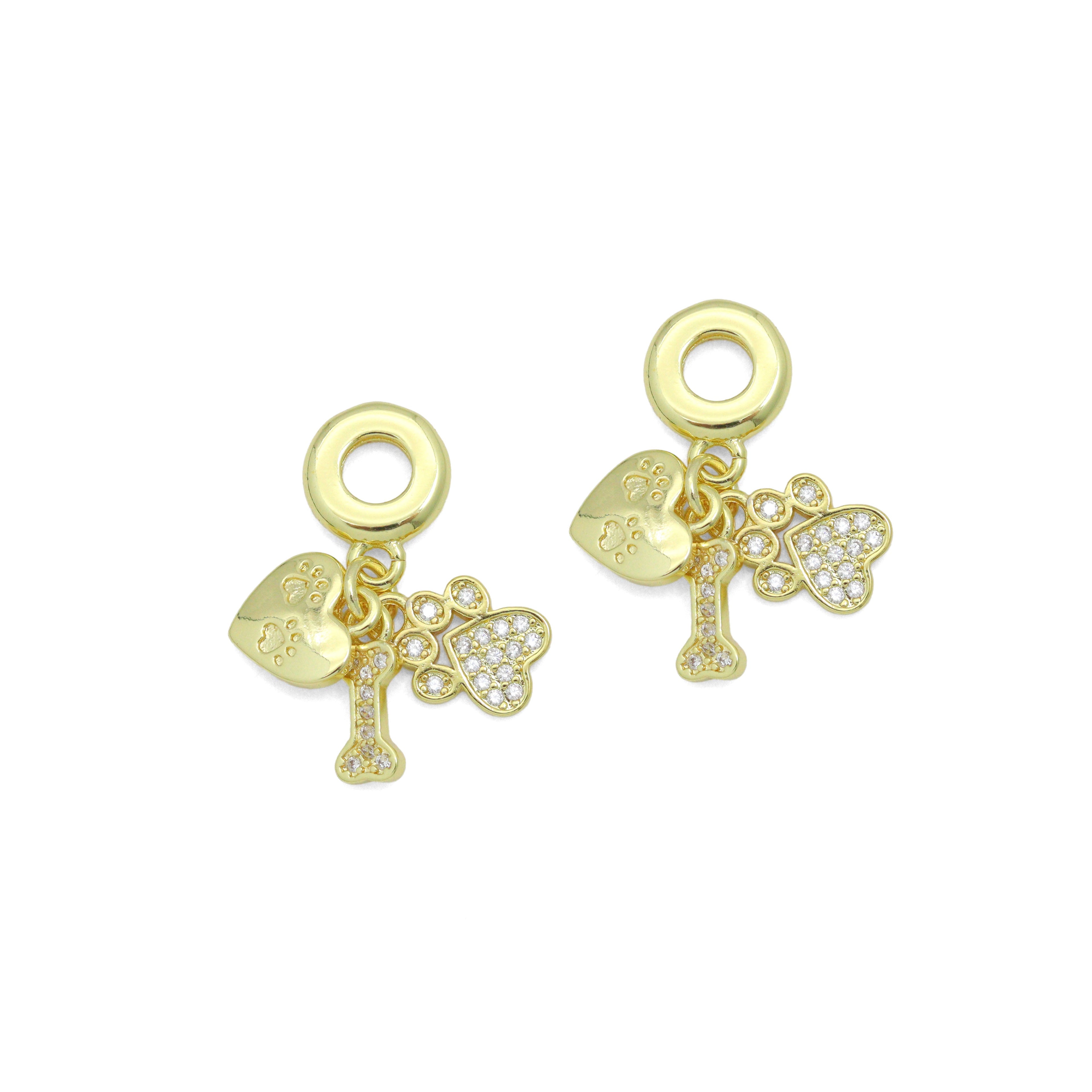 Clear CZ Gold Heart Paw Dog Bone Pendant Large Hole charm, Sku#LD774