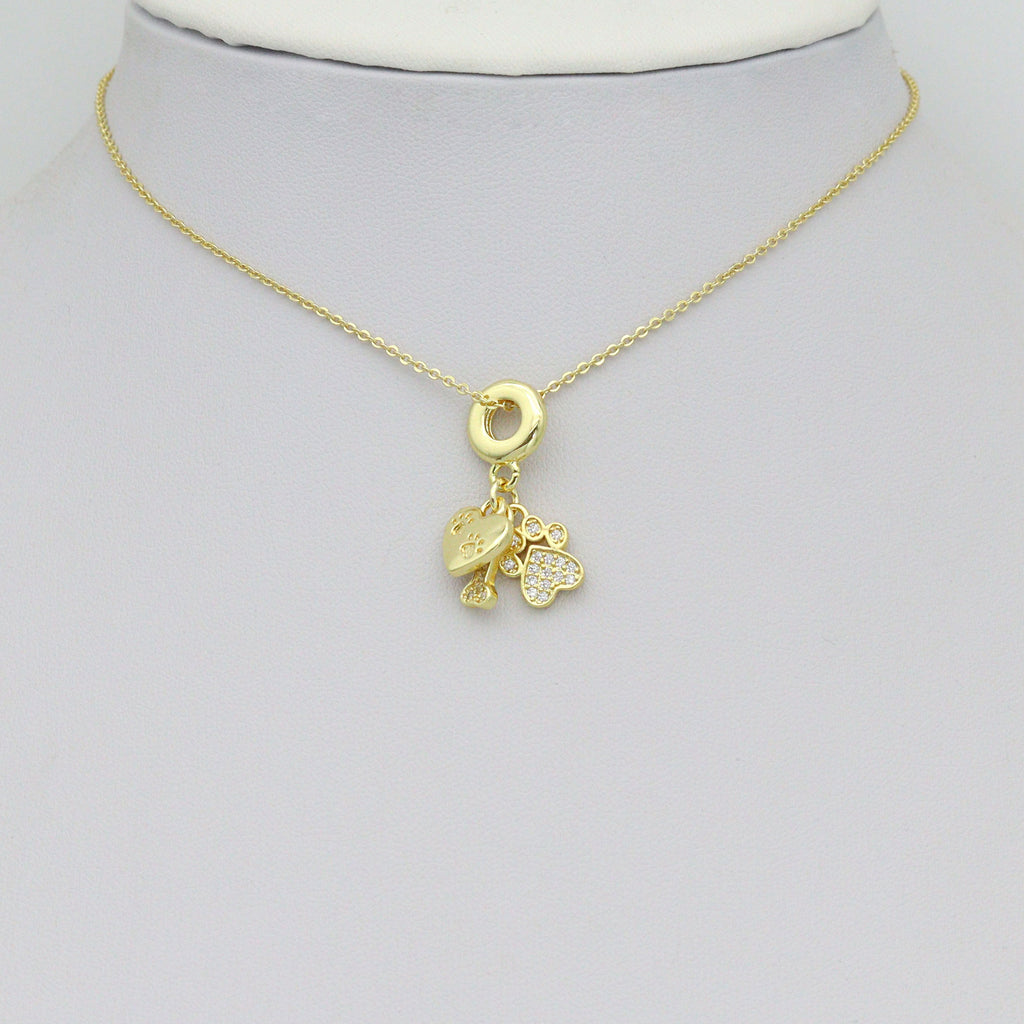 Clear CZ Gold Heart Paw Dog Bone Pendant Large Hole charm, Sku#LD774