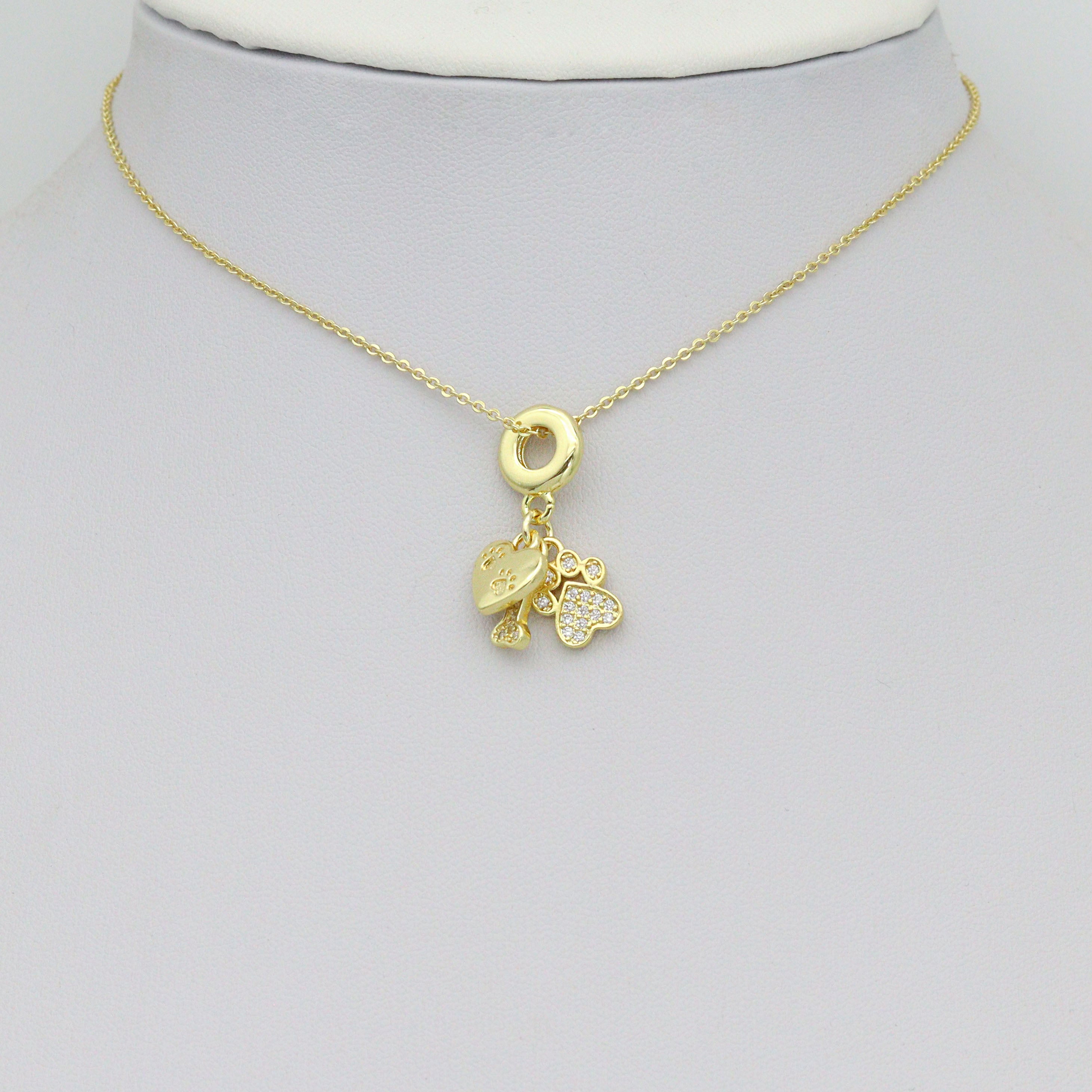 Clear CZ Gold Heart Paw Dog Bone Pendant Large Hole charm, Sku#LD774