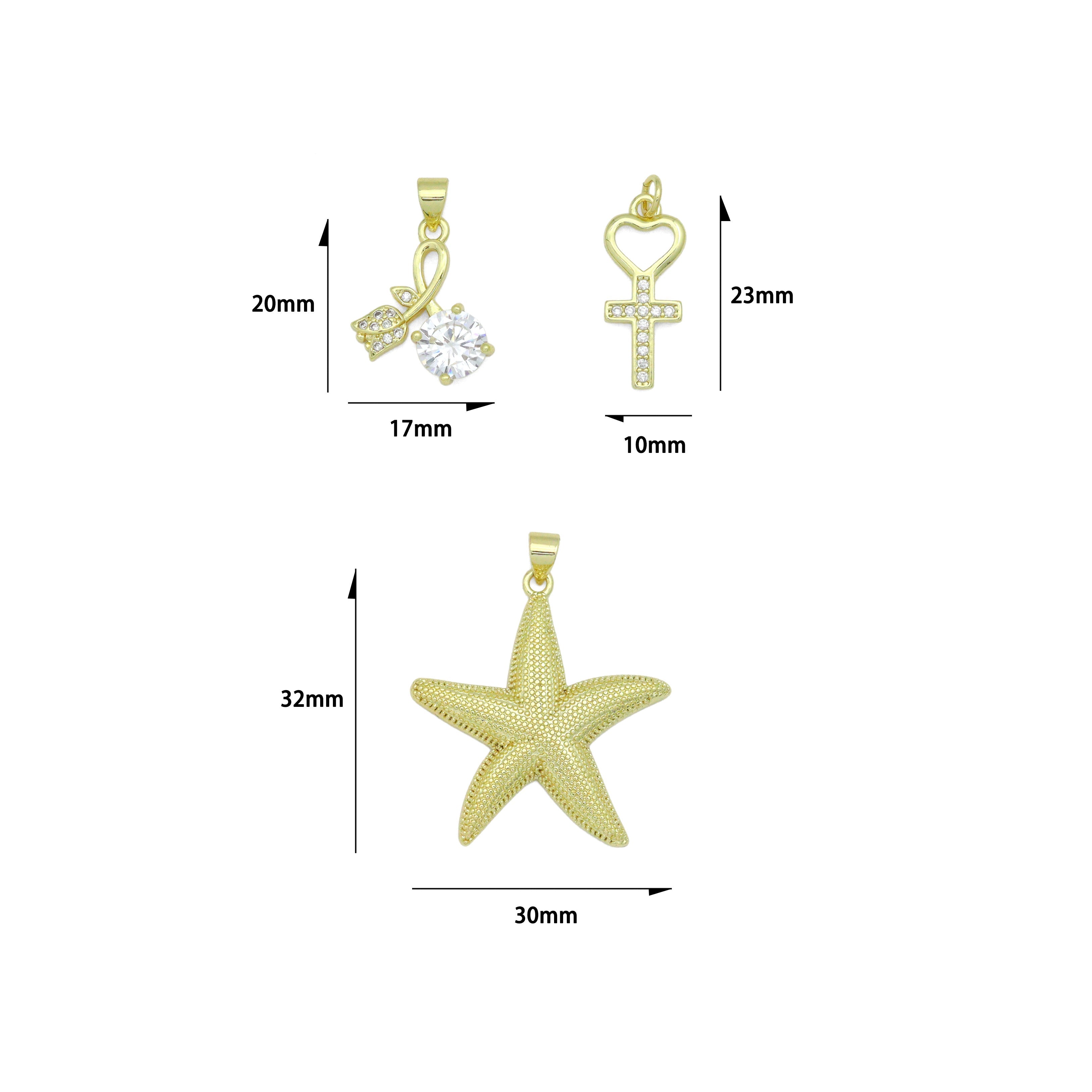 Gold Clear CZ Cross Heart Starfish Flower Big CZ Pendant charm, Sku#LK1273