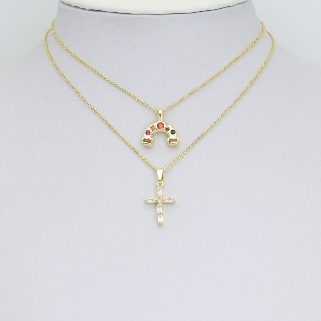 Gold Silver Rainbow Charm Cross Pendant, Sku#LX952