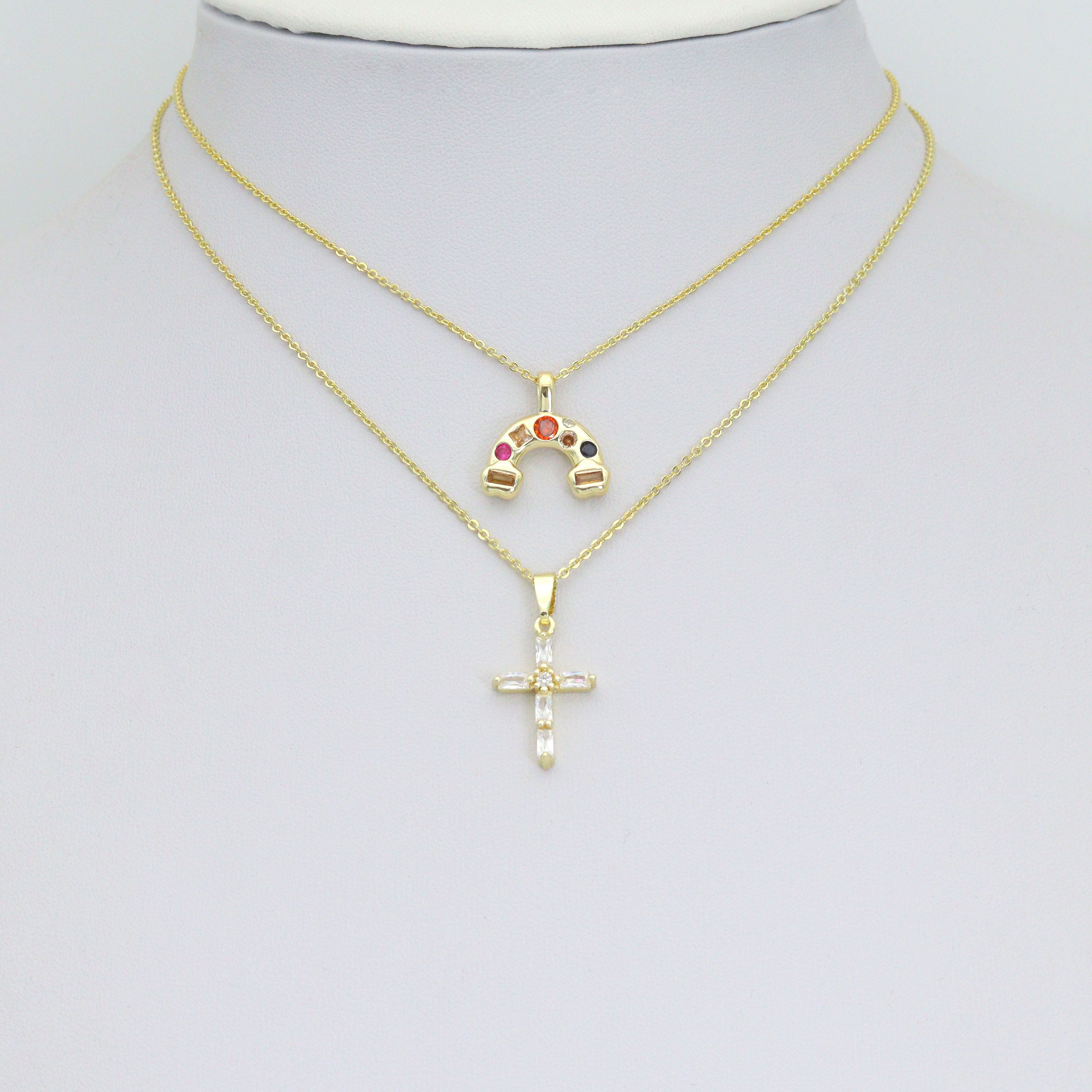 Gold Silver Rainbow Charm Cross Pendant, Sku#LX952