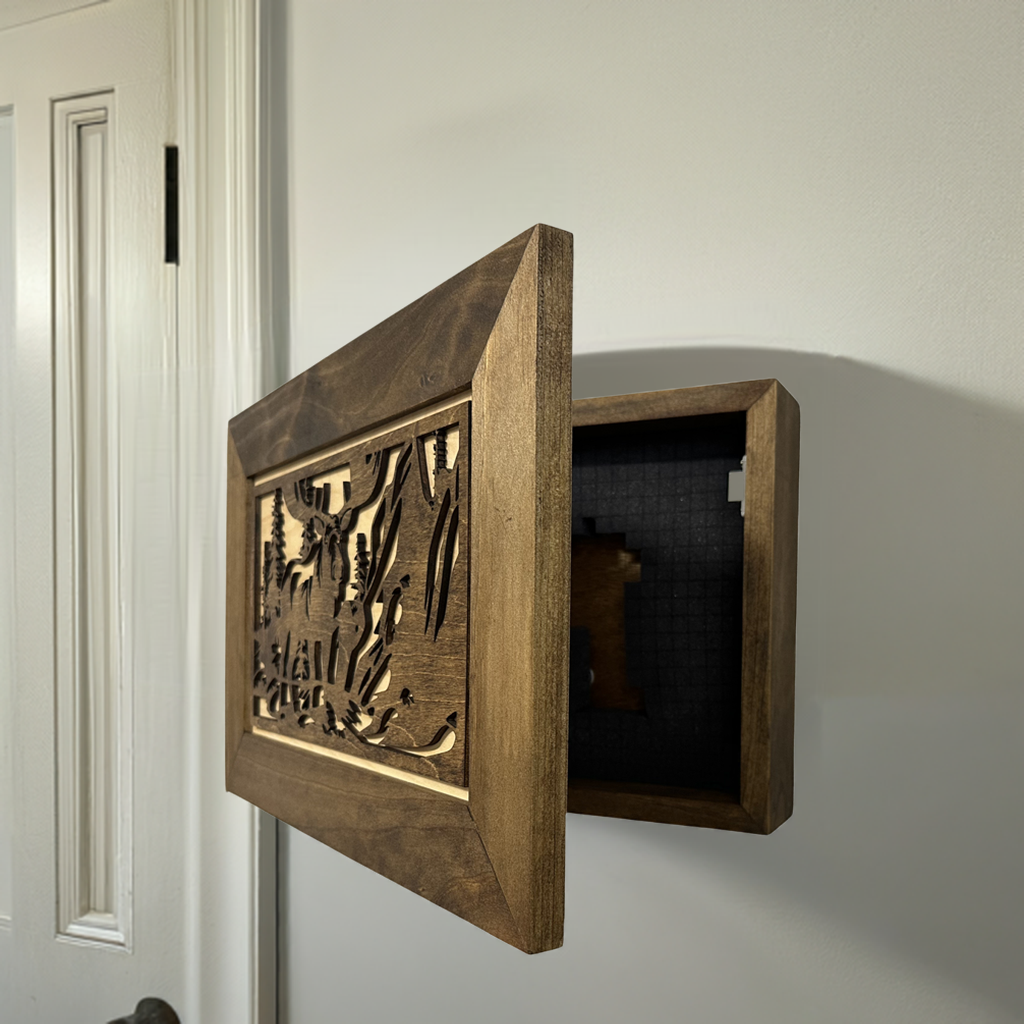Moose in the Woods Gun Concealment Furniture - Handcrafted Hidden Gun Storage Wall Decor - Hidden Gun Shelf with Magnetic Lock for Quick Access
