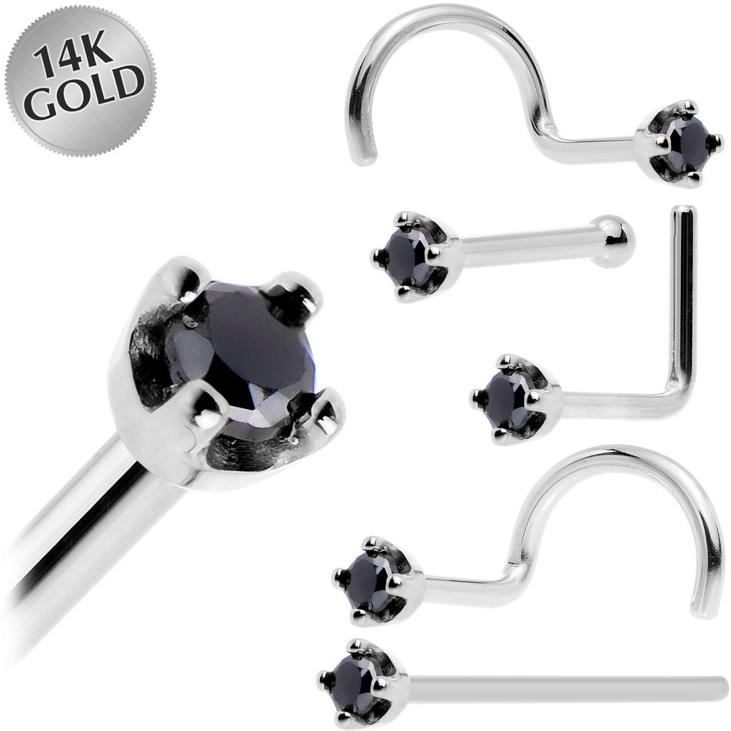 Solid 14K White Gold 1.5mm Genuine Black Diamond Nose Ring