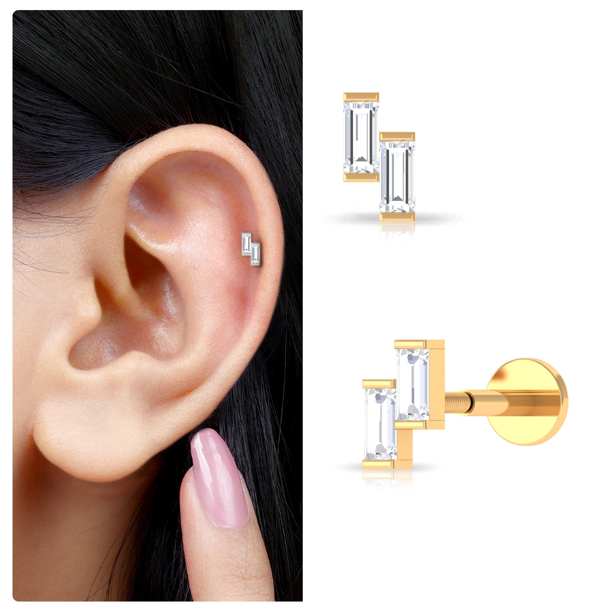 Dainty Baguette Moissanite 2 Stone Earring for Helix Piercing