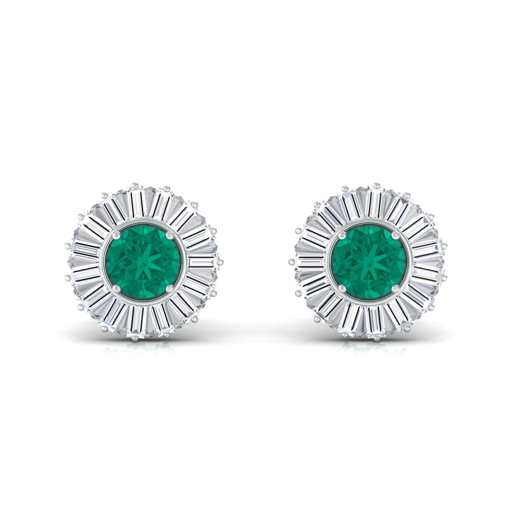 0.9 Carat Emerald Stud Earrings with Baguette Diamond Halo