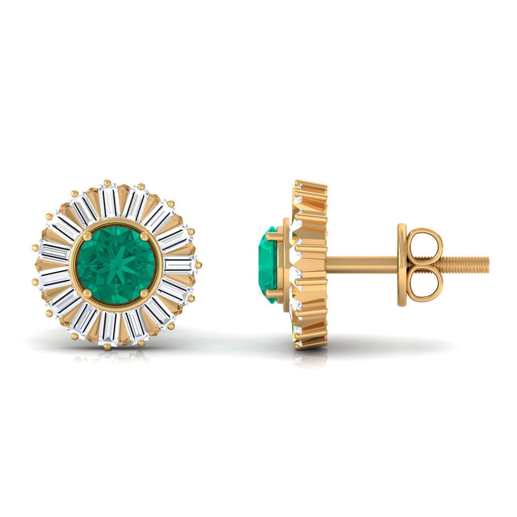 0.9 Carat Emerald Stud Earrings with Baguette Diamond Halo