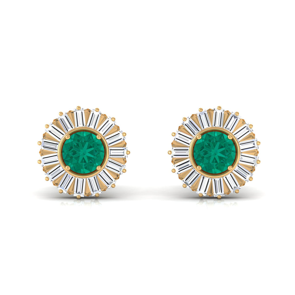0.9 Carat Emerald Stud Earrings with Baguette Diamond Halo