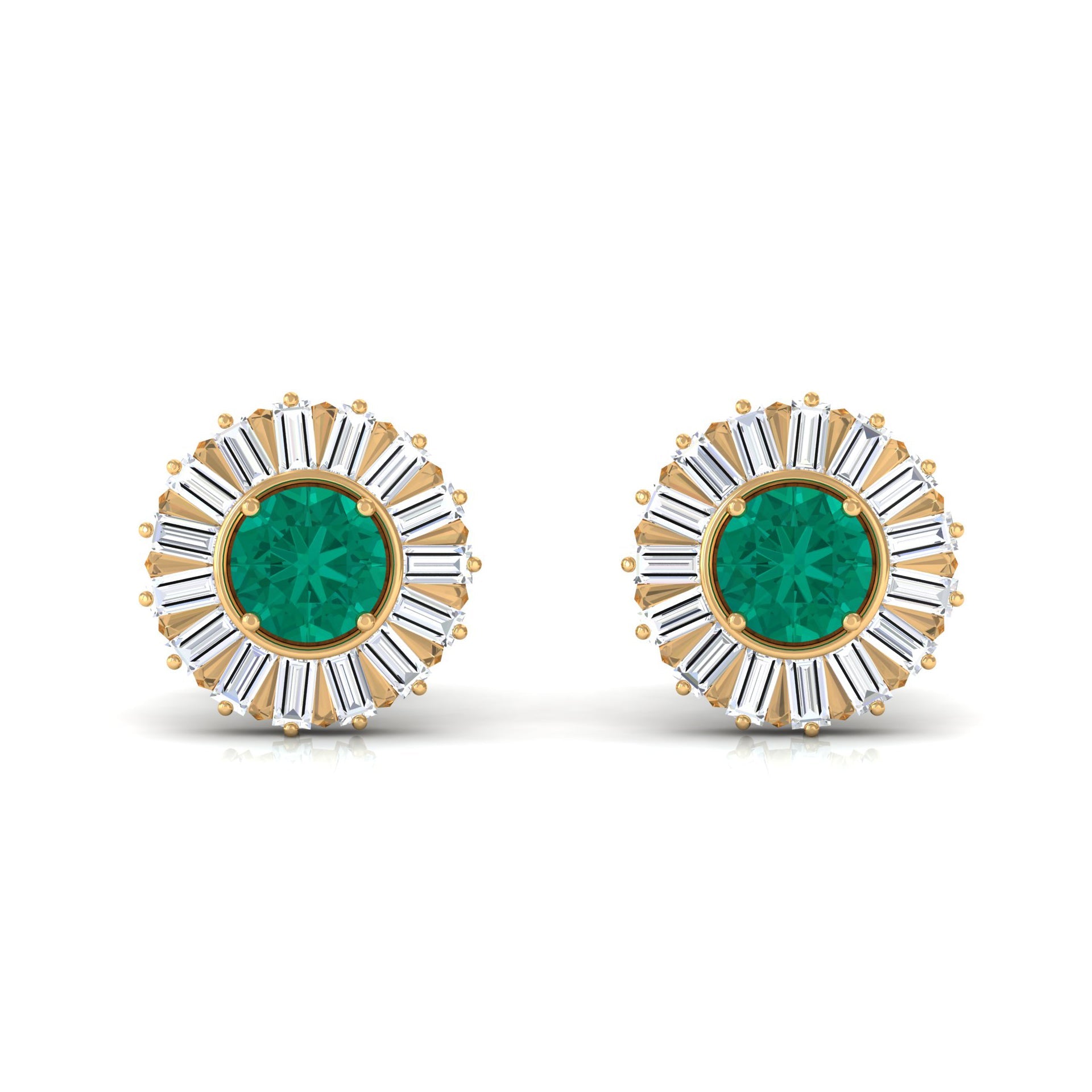 0.9 Carat Emerald Stud Earrings with Baguette Diamond Halo