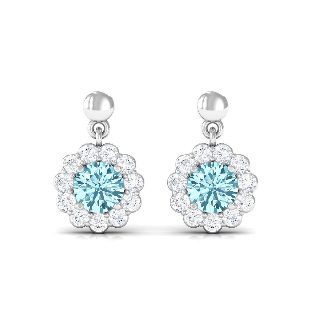 0.5 Carat Real Aquamarine and Diamond Flower Halo Drop Earrings