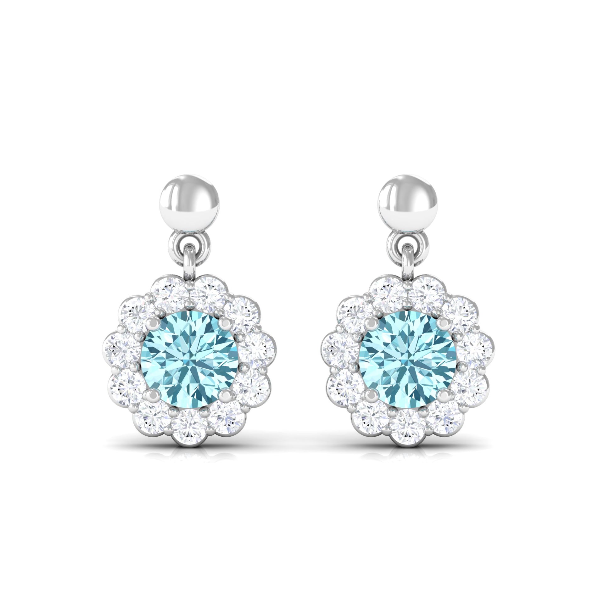 0.5 Carat Real Aquamarine and Diamond Flower Halo Drop Earrings