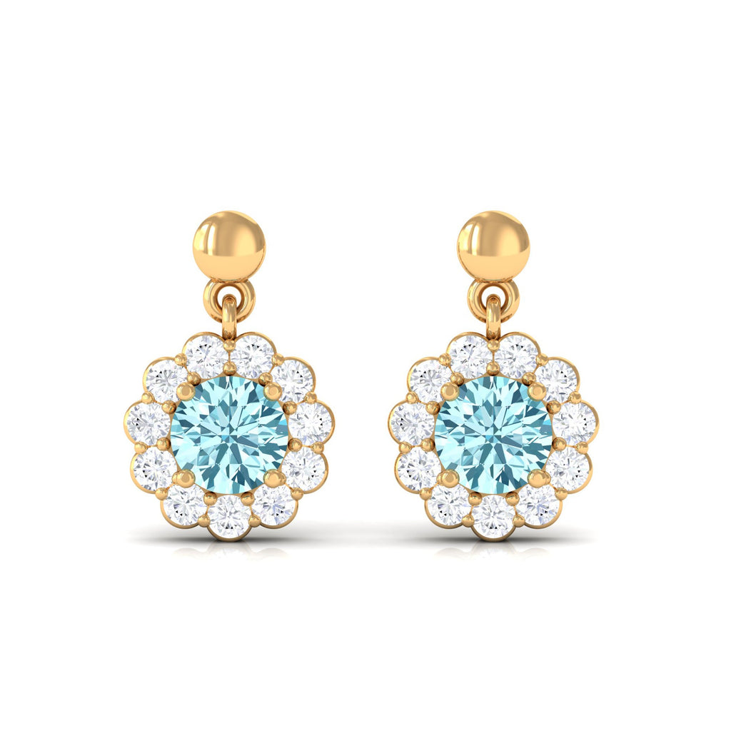0.5 Carat Real Aquamarine and Diamond Flower Halo Drop Earrings