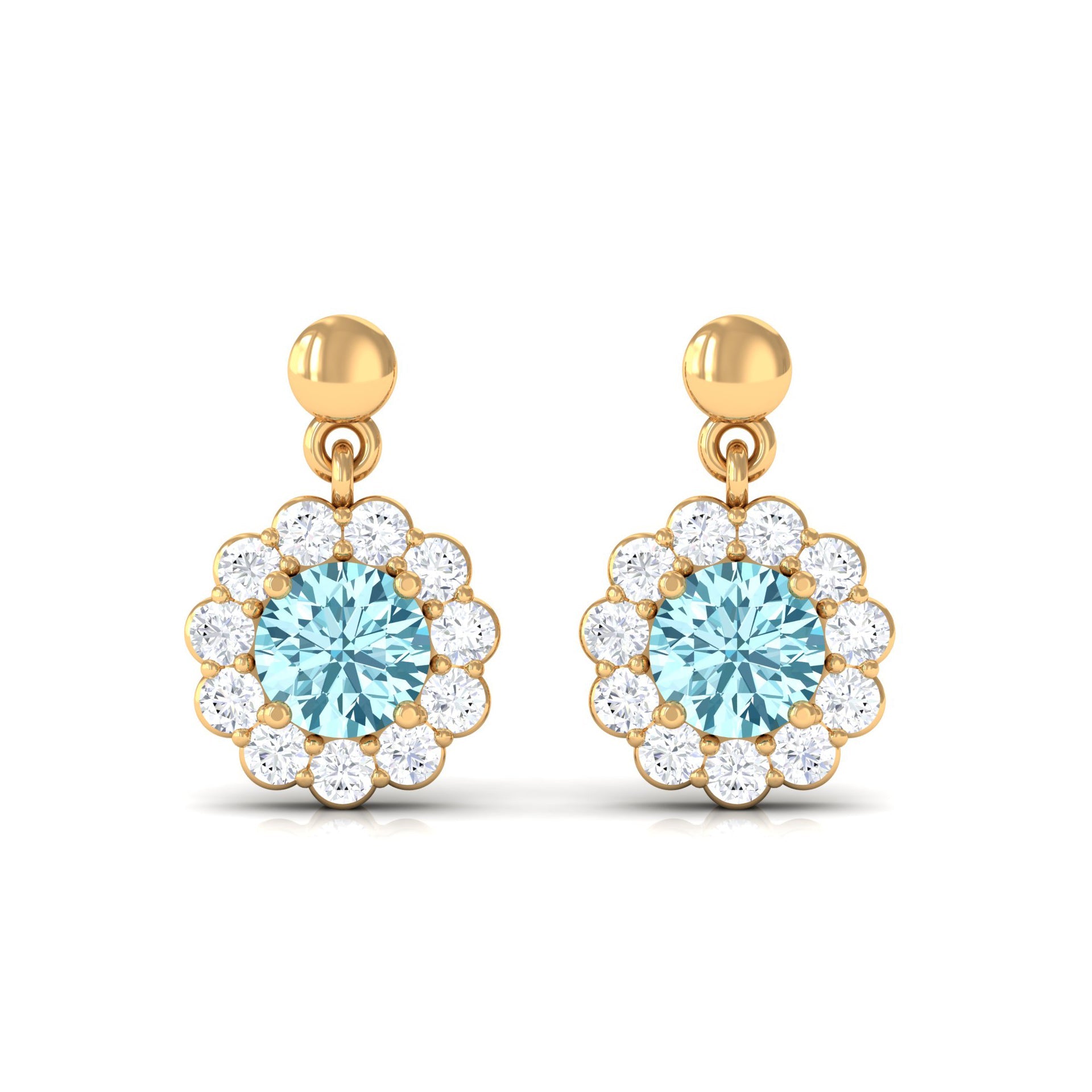0.5 Carat Real Aquamarine and Diamond Flower Halo Drop Earrings