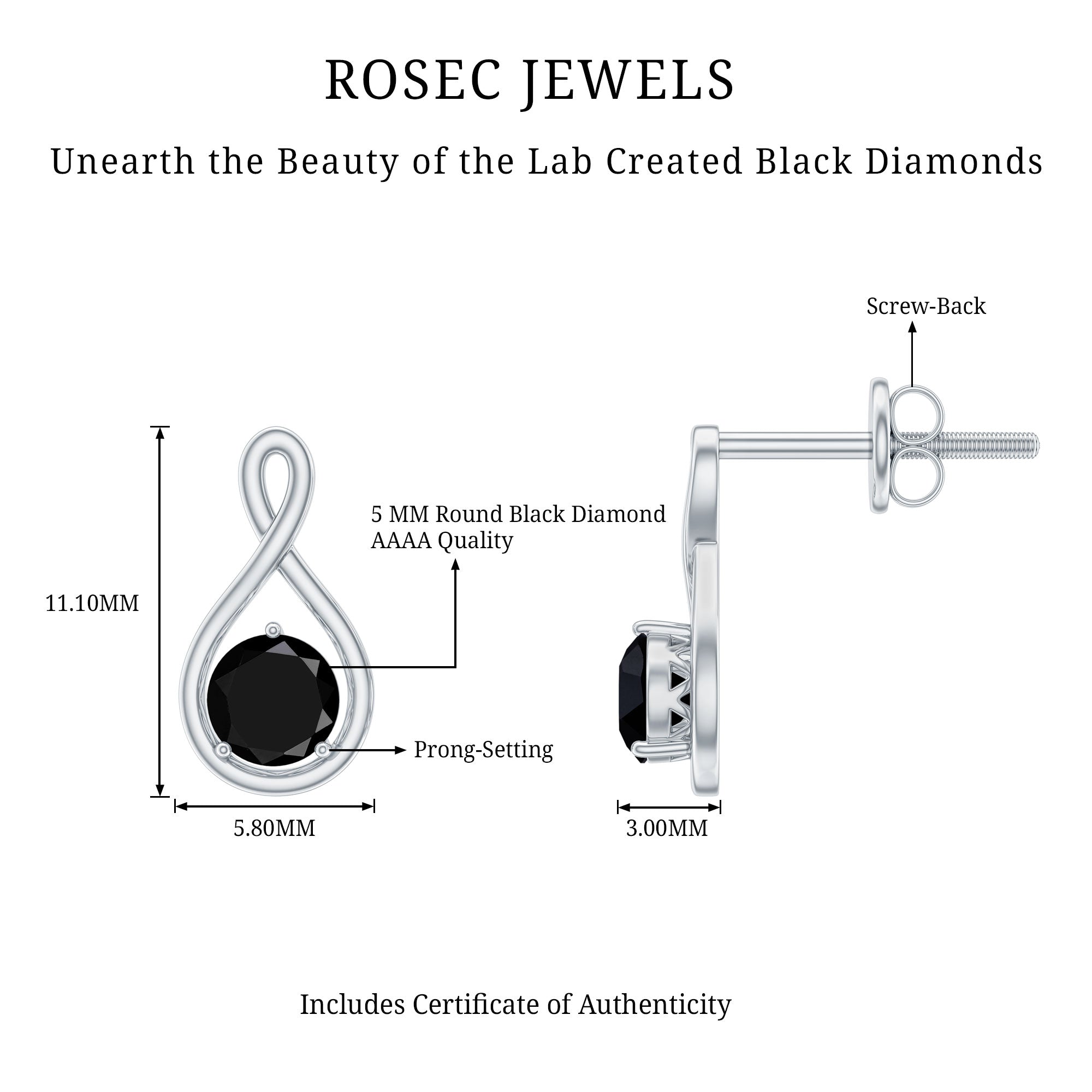 1.6 Carat Solitaire Lab Created Black Diamond Infinity Stud Earrings