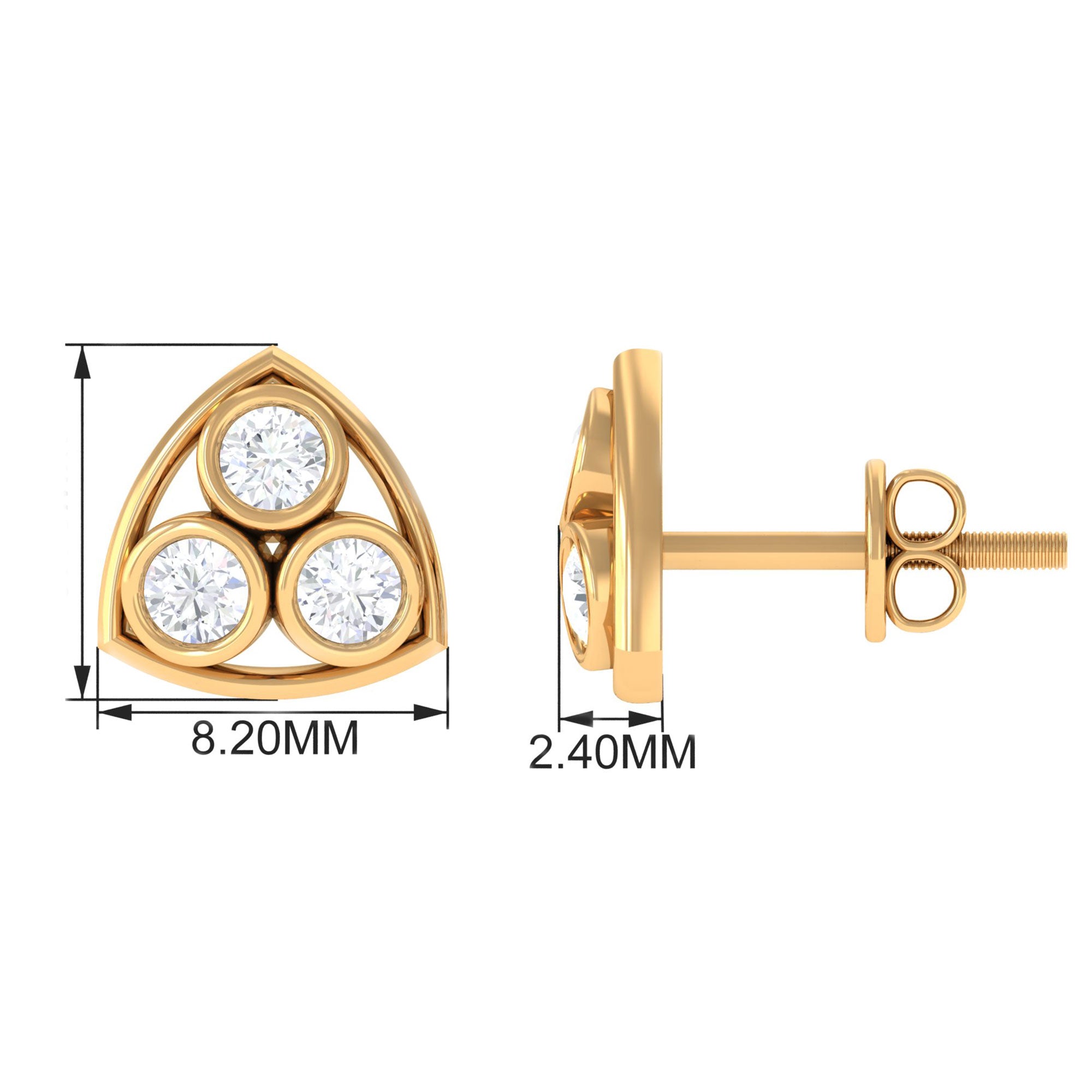 Bezel Set Round Diamond Three Stone Stud Earrings