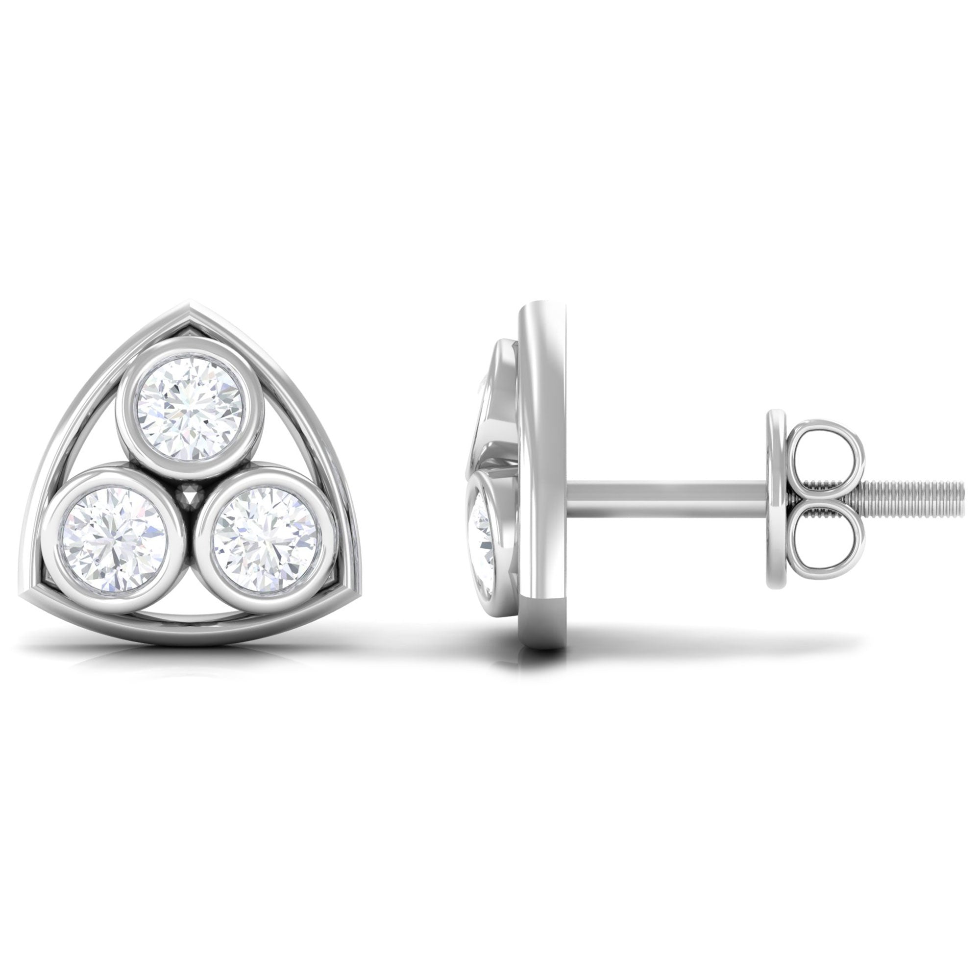 Bezel Set Round Diamond Three Stone Stud Earrings