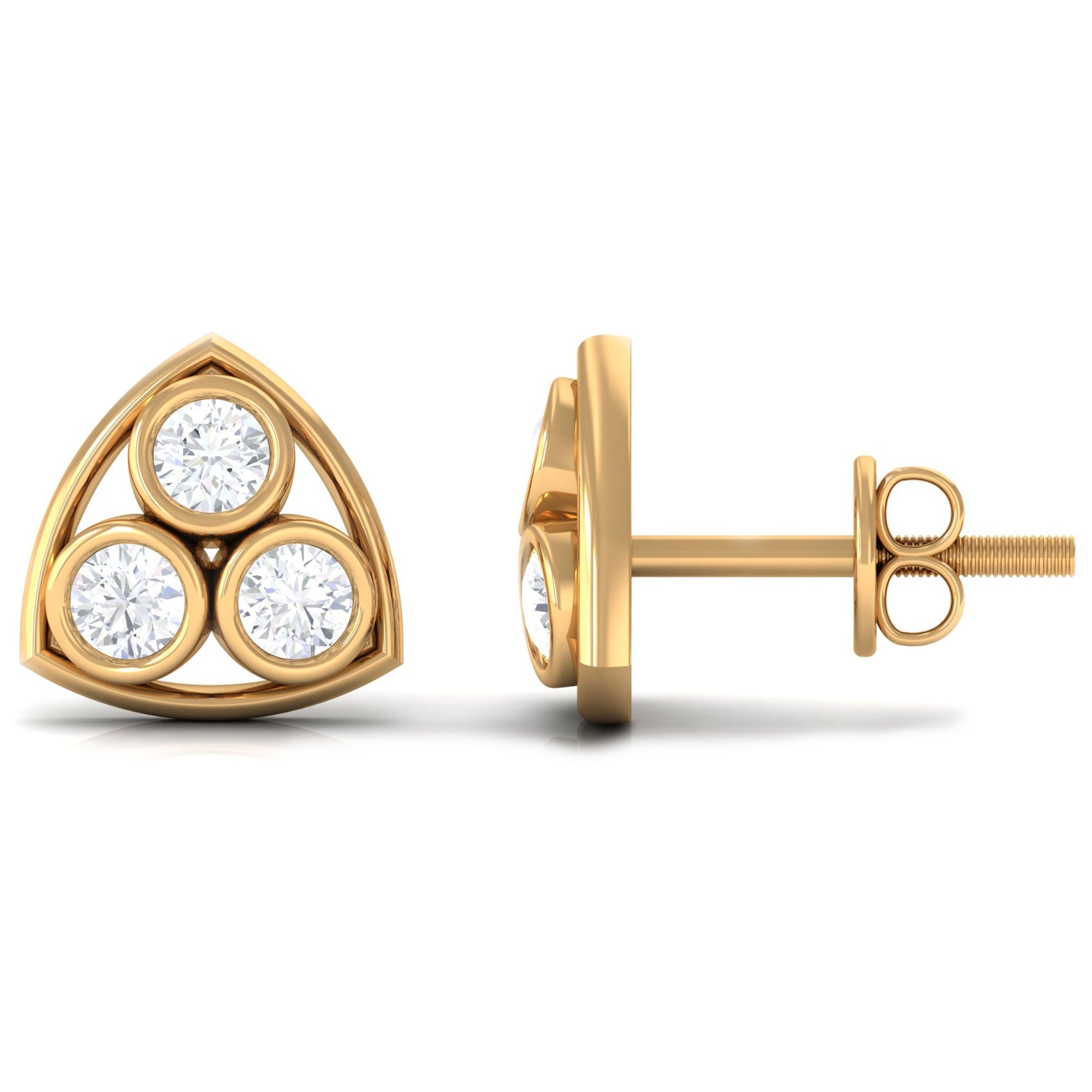 Bezel Set Round Diamond Three Stone Stud Earrings