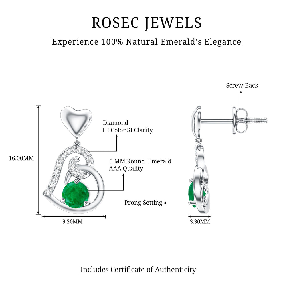 0.9 Carat Round Emerald and Diamond Heart Drop Earrings