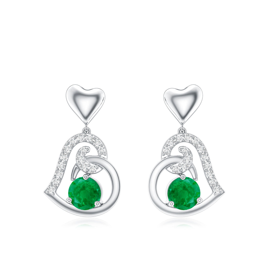 0.9 Carat Round Emerald and Diamond Heart Drop Earrings